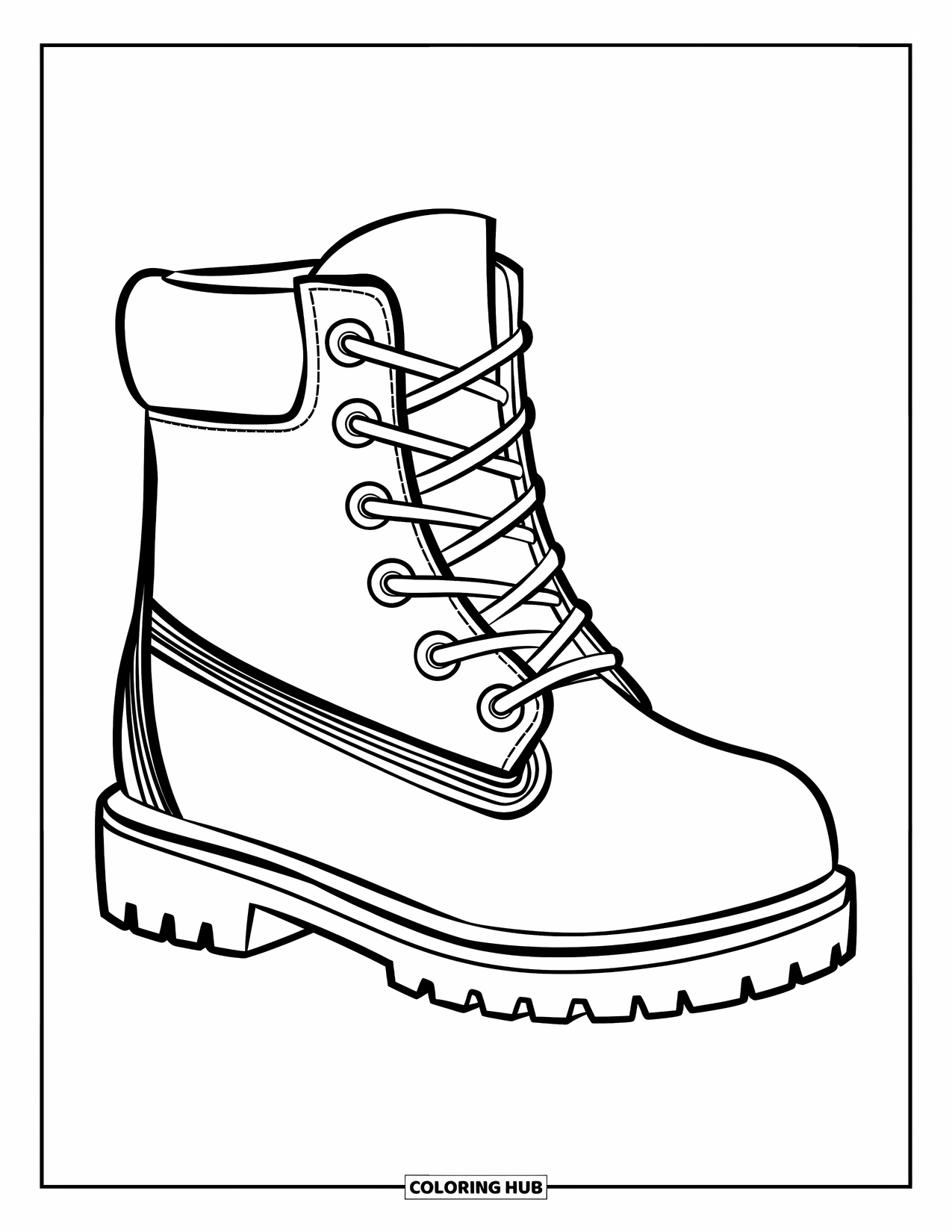 Shoe Coloring Page for Kids: A playful, chunky boot with thick laces and a fun design makes for an engaging coloring page