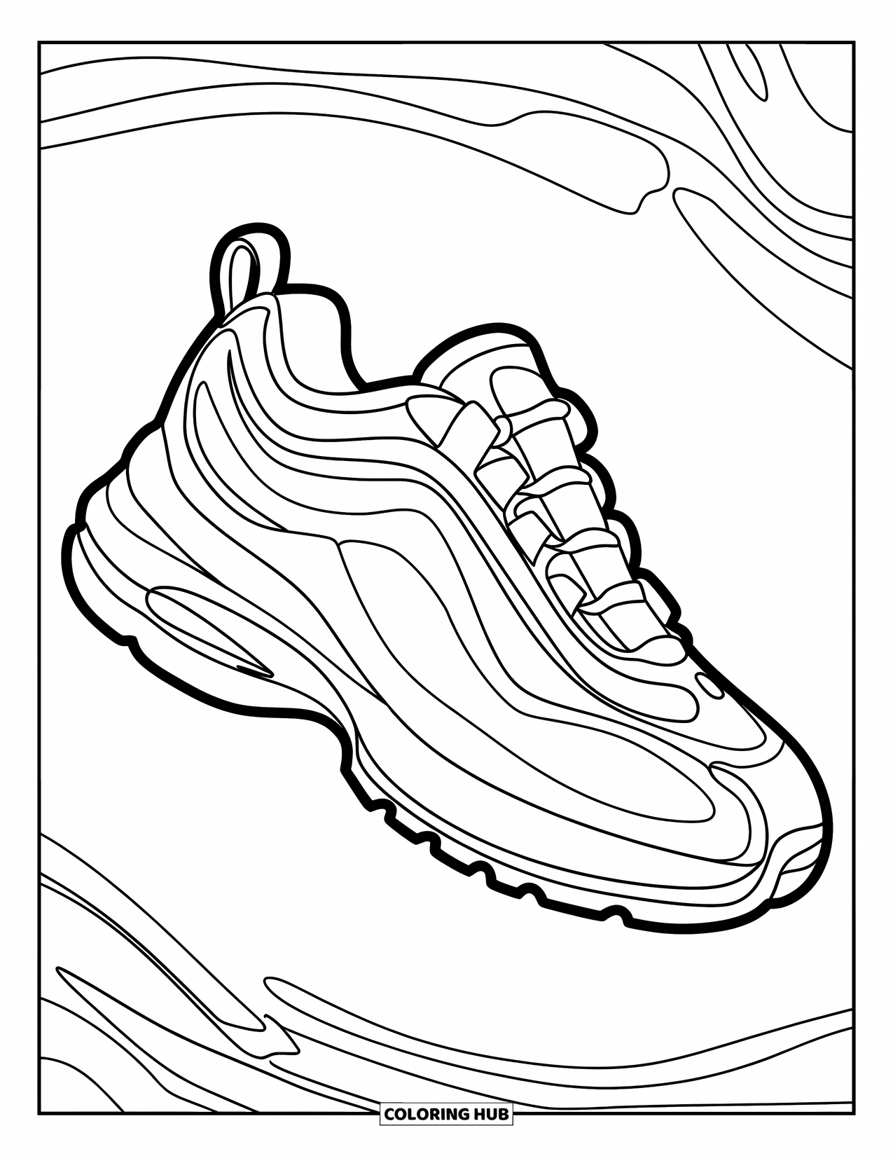 Shoe Coloring Page for Kids: A playful, simple sneaker with minimal details and a cheerful design is set against a white background