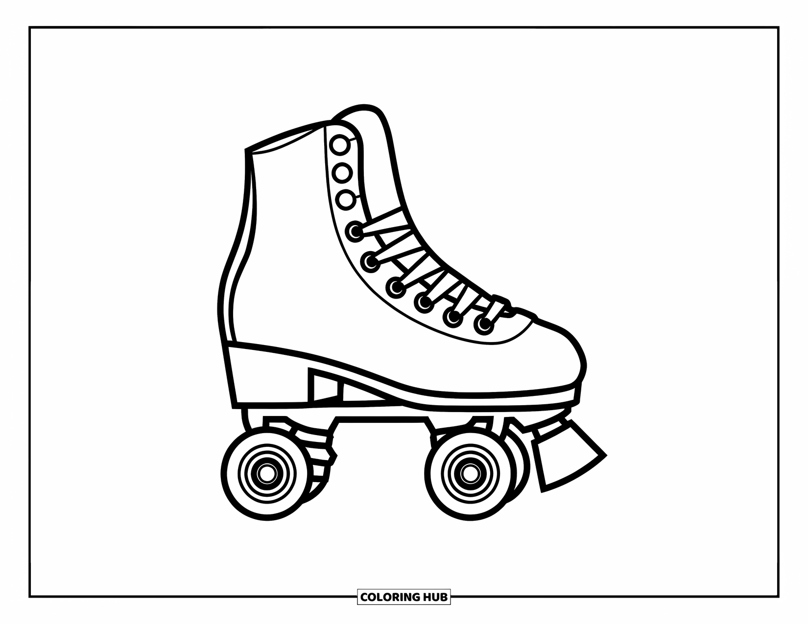 Shoe Coloring Page for Kids: A roller skate with bold wheels and simple straps is designed with playful, easy-to-color outlines