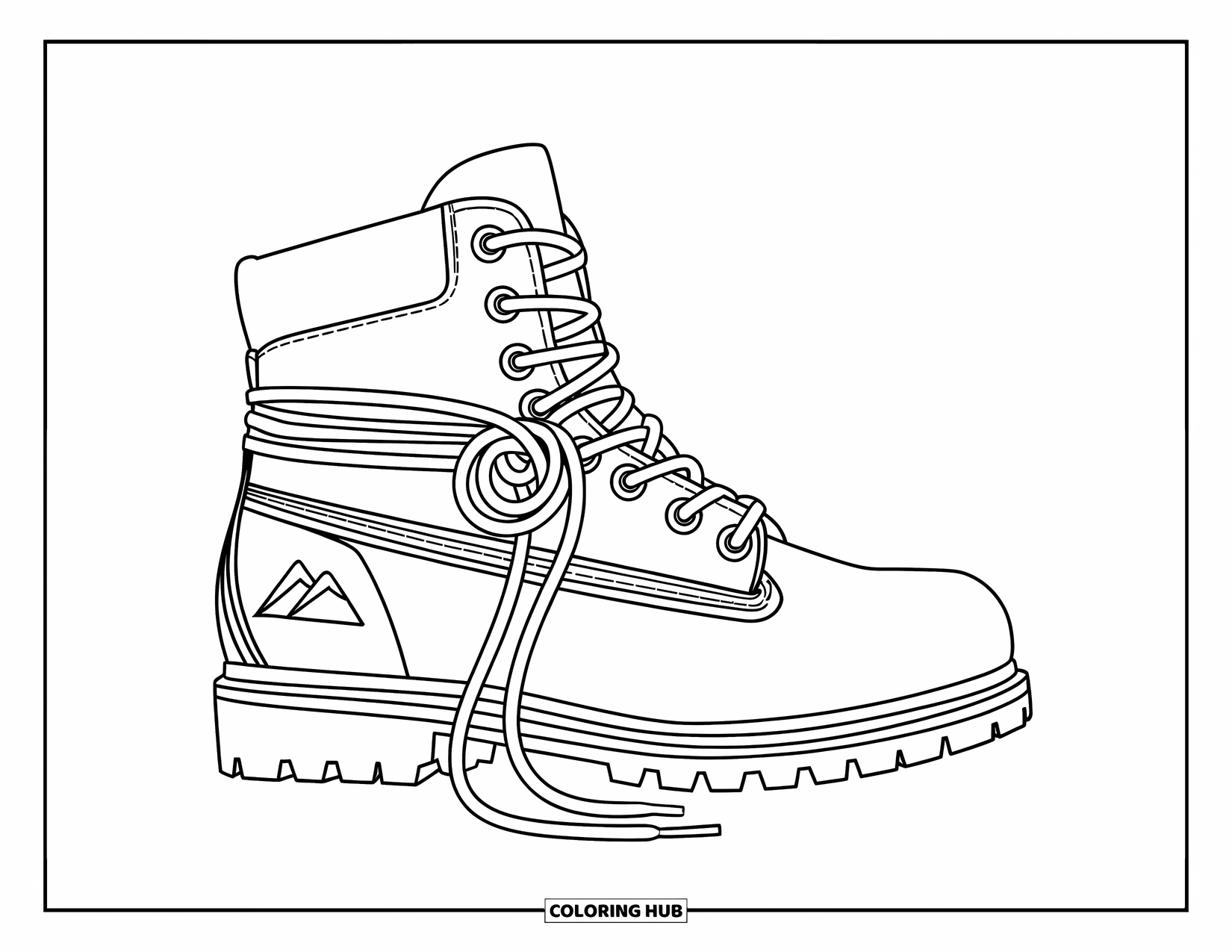Shoe Coloring Page for Kids: A rugged hiking boot with a climbing rope and a mountain symbol is set on a white background