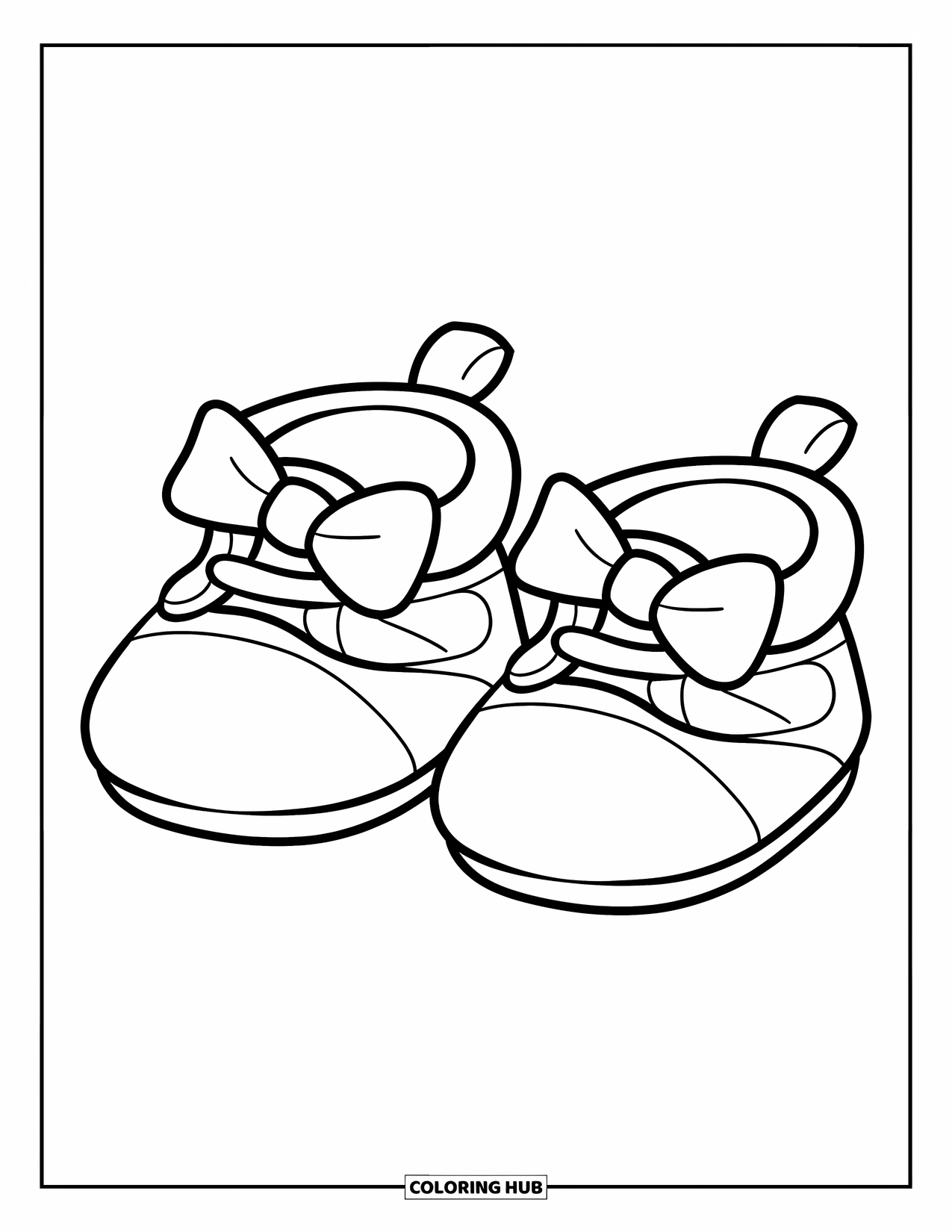 Shoe Coloring Page for Kids: A simple pair of baby shoes with bows and clean, bold outlines is perfect for easy coloring