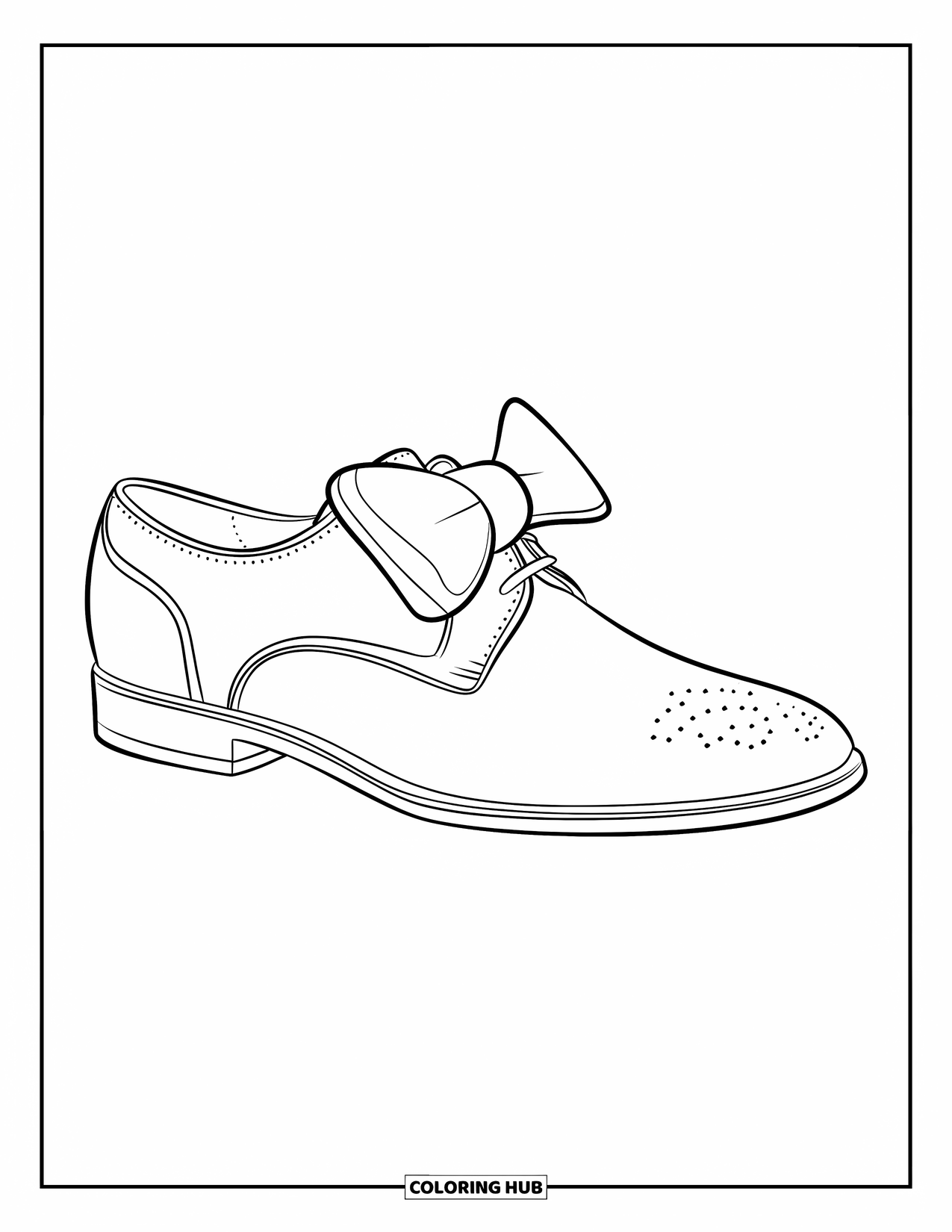 Shoe Coloring Page for Kids: A sleek dress shoe with an artistic swirl pattern and a bowtie detail is ready for coloring