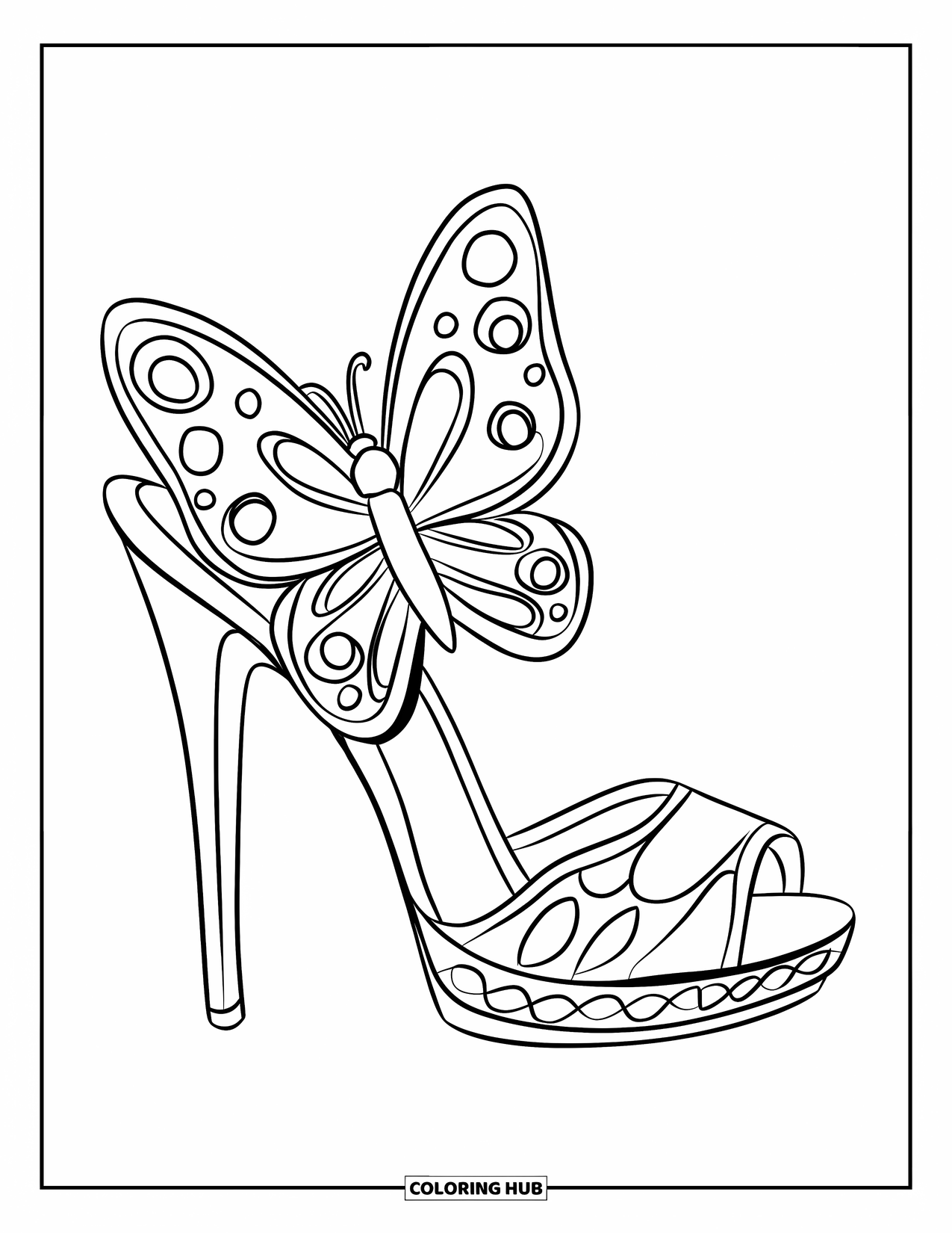 Shoe Coloring Page for Kids: A sleek high-heeled shoe with a butterfly strap and bold outlines makes for a fun coloring page