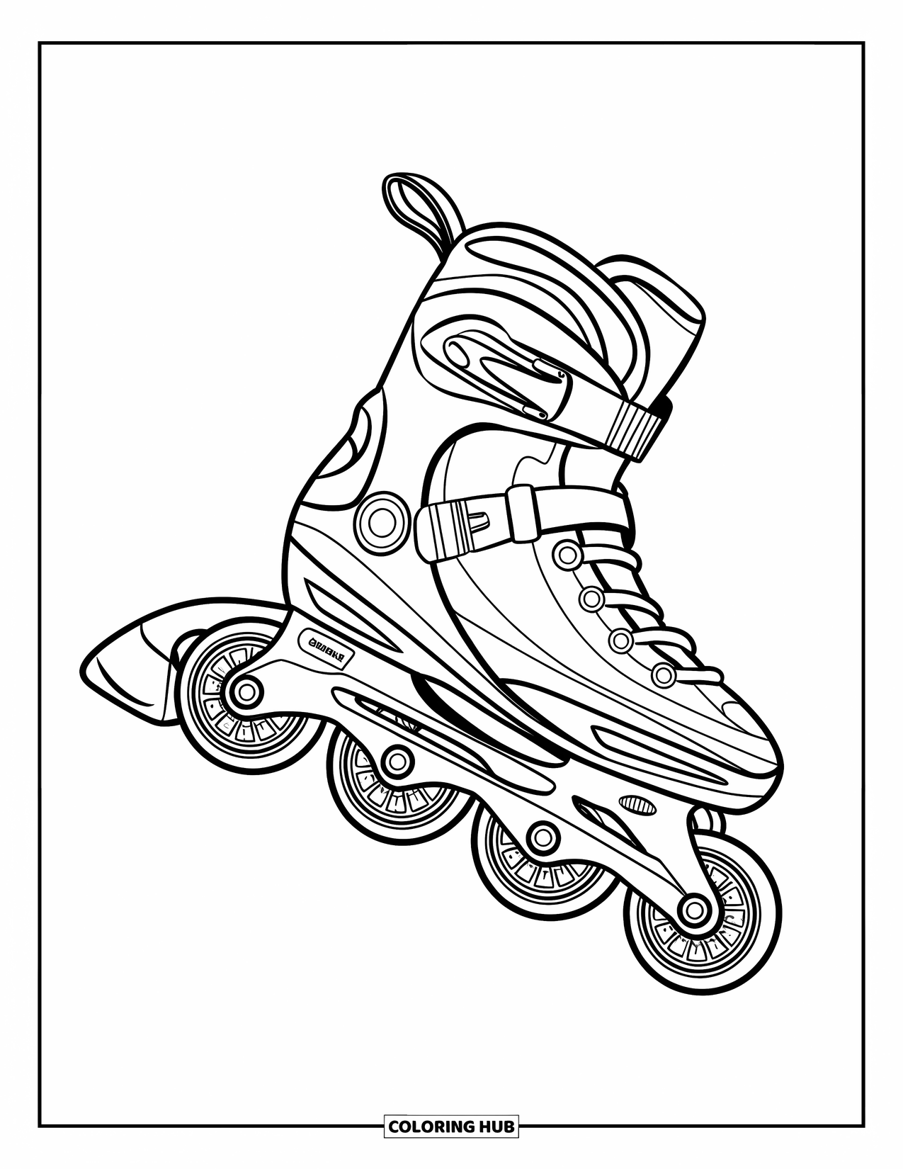 Shoe Coloring Page for Kids: A sleek rollerblade with multiple wheels and an ankle strap is positioned as if in motion