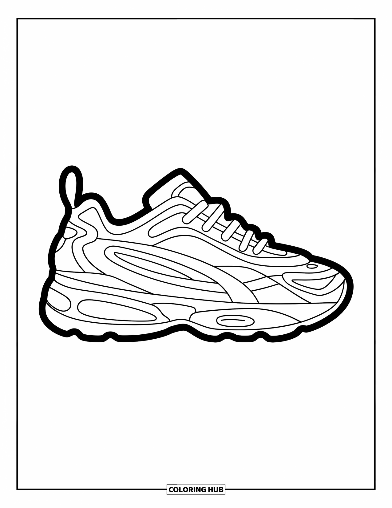 Shoe Coloring Page for Kids: A sneaker with rounded edges and bold, crisp outlines makes for a fun, easy-to-color page