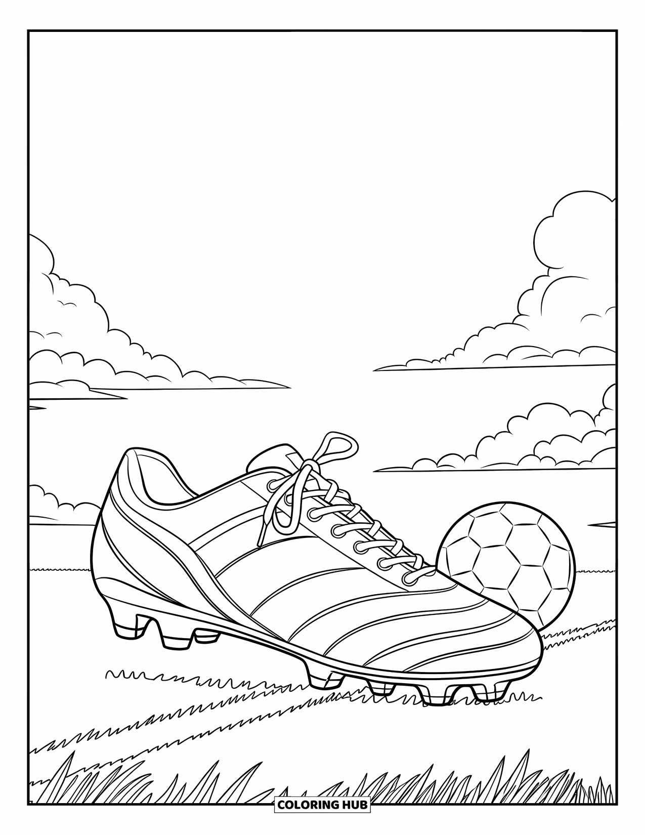 Shoe Coloring Page for Kids: A soccer cleat with tied laces and a ball nearby sits on a grassy field under a bright sky