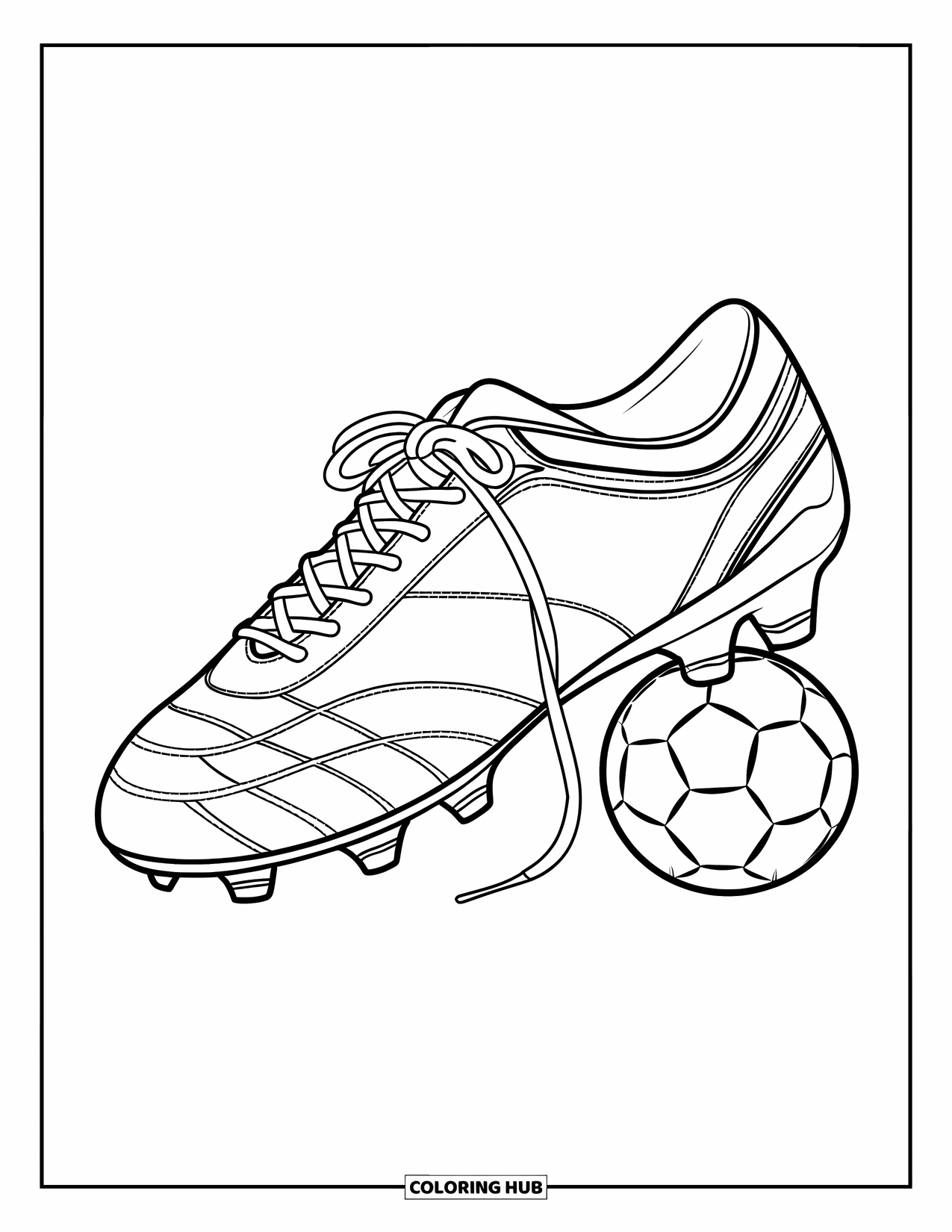 Shoe Coloring Page for Kids: A soccer cleat with visible studs and tied laces is placed next to a small soccer ball