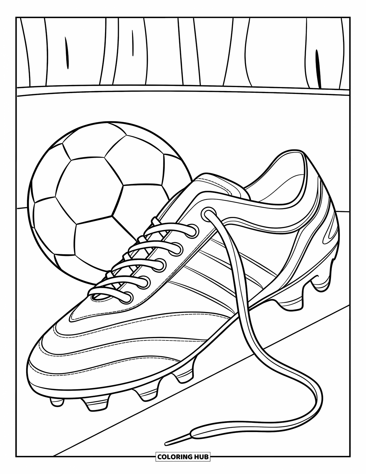 Shoe Coloring Page for Kids: A soccer cleat with visible studs and tied laces sits beside a small soccer ball