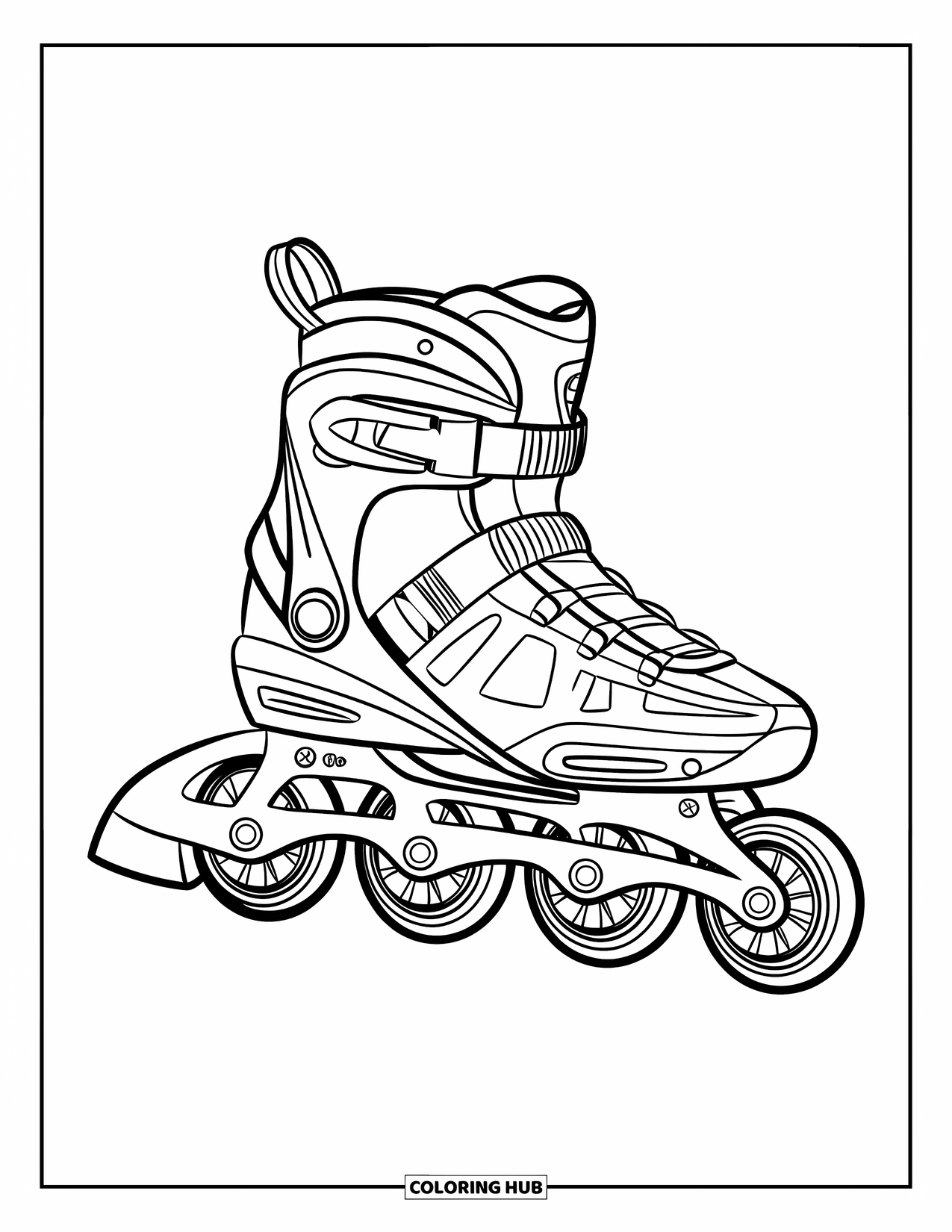 Shoe Coloring Page for Kids: A sporty rollerblade with a dynamic design is placed at an angle on a smooth surface
