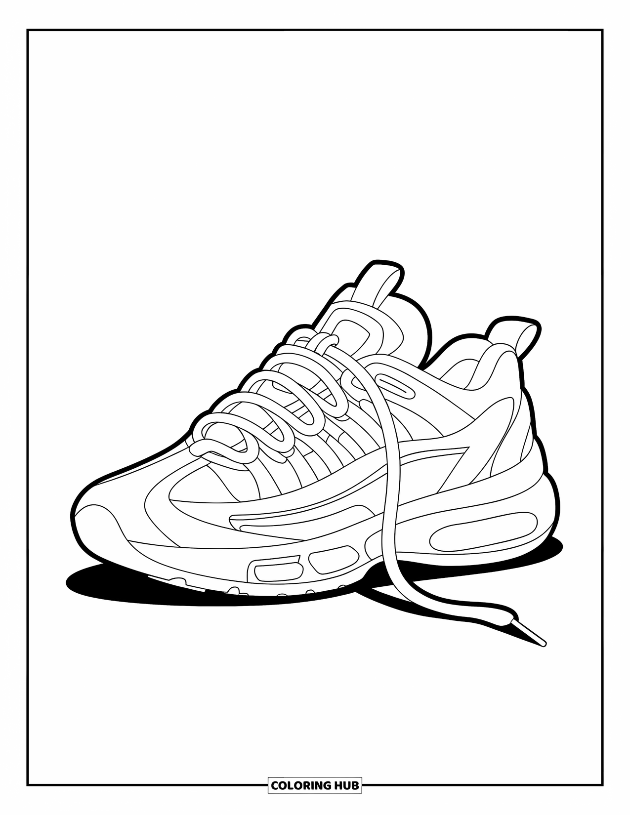 Shoe Coloring Page for Kids: A sporty sneaker with neatly tied laces and a sleek stripe on the side sits on a white background