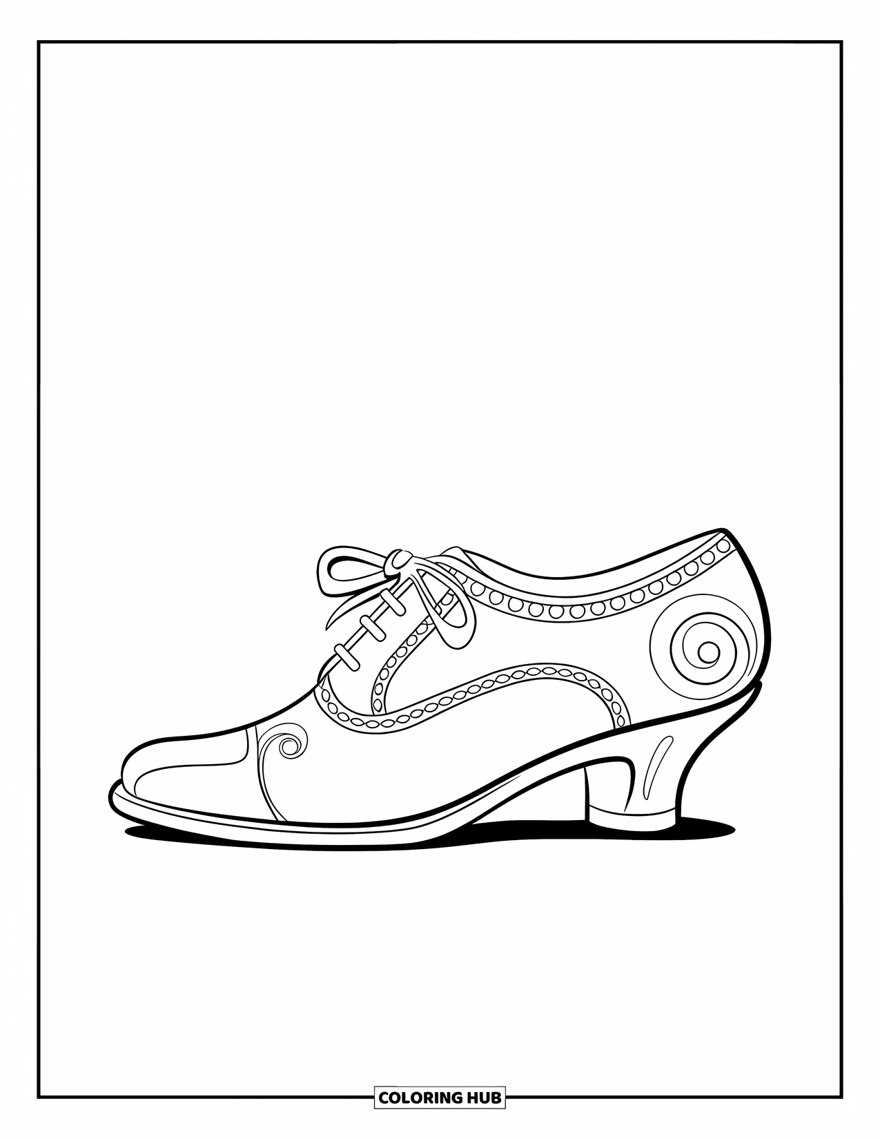 Shoe Coloring Page for Kids: A stylish dress shoe with a sleek bowtie design and bold outlines is ready for coloring