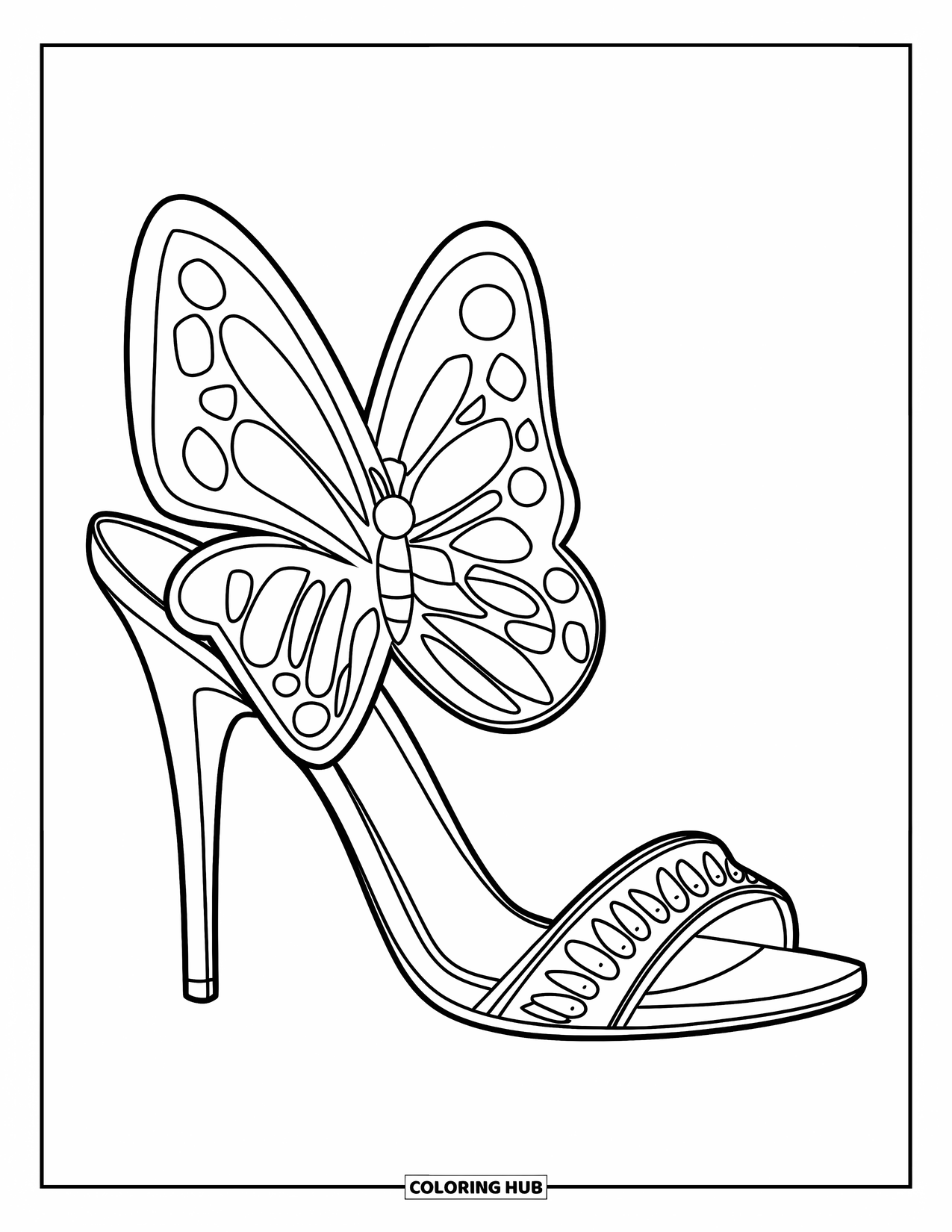 Shoe Coloring Page for Kids: A stylish high-heeled shoe with a butterfly strap detail and patterned sole is set on a white background