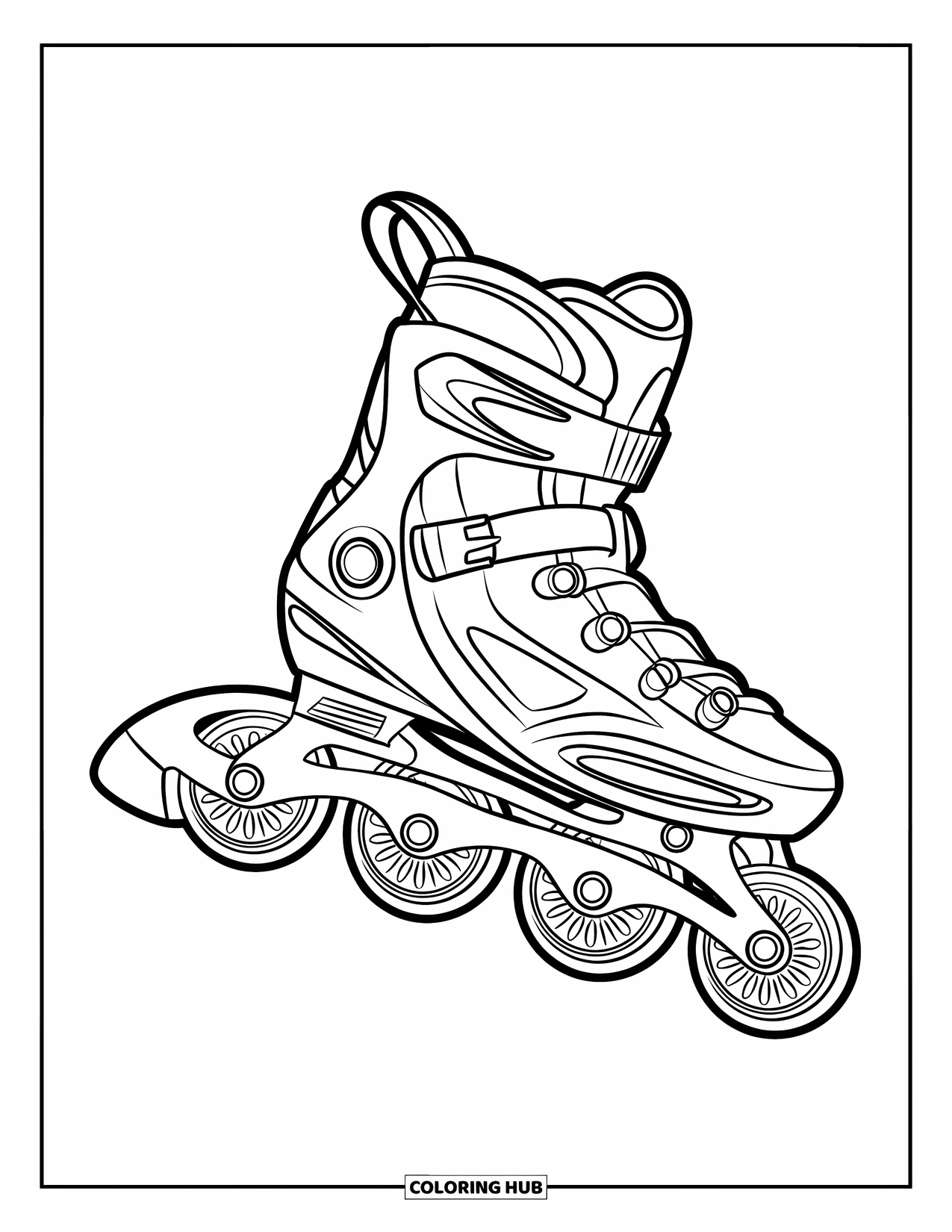 Shoe Coloring Page for Kids: A stylish rollerblade with an ankle strap and wheels is shown in a motion-inspired pose