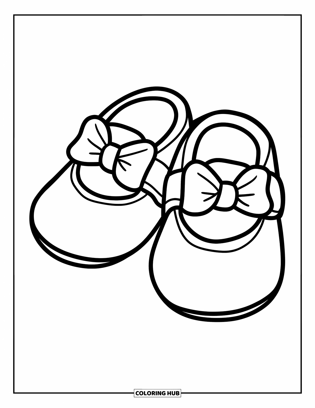 Shoe Coloring Page for Kids: A tiny pair of baby shoes with a rounded shape and cute bows rests side by side on a white background