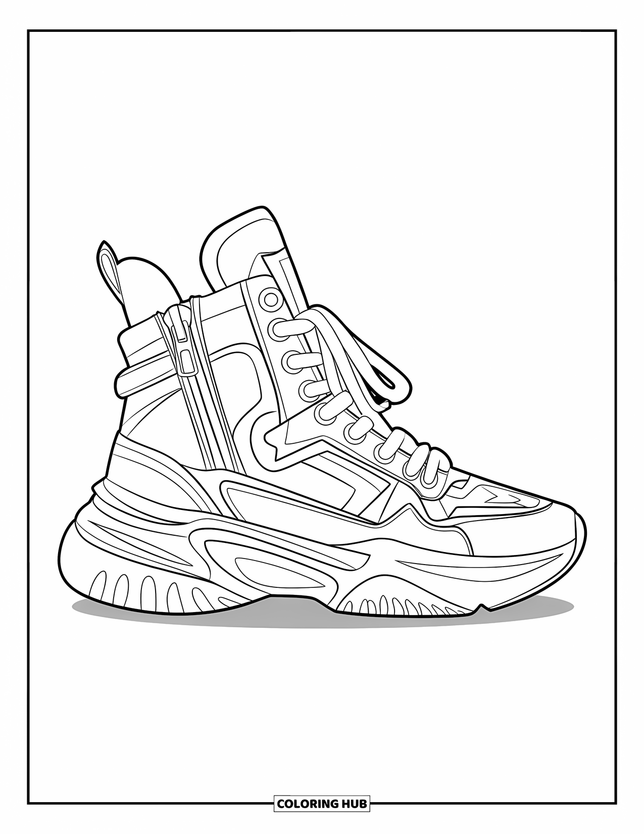 Shoe Coloring Page for Kids: A trendy high-top sneaker with stylish details and bold outlines is designed for teenagers
