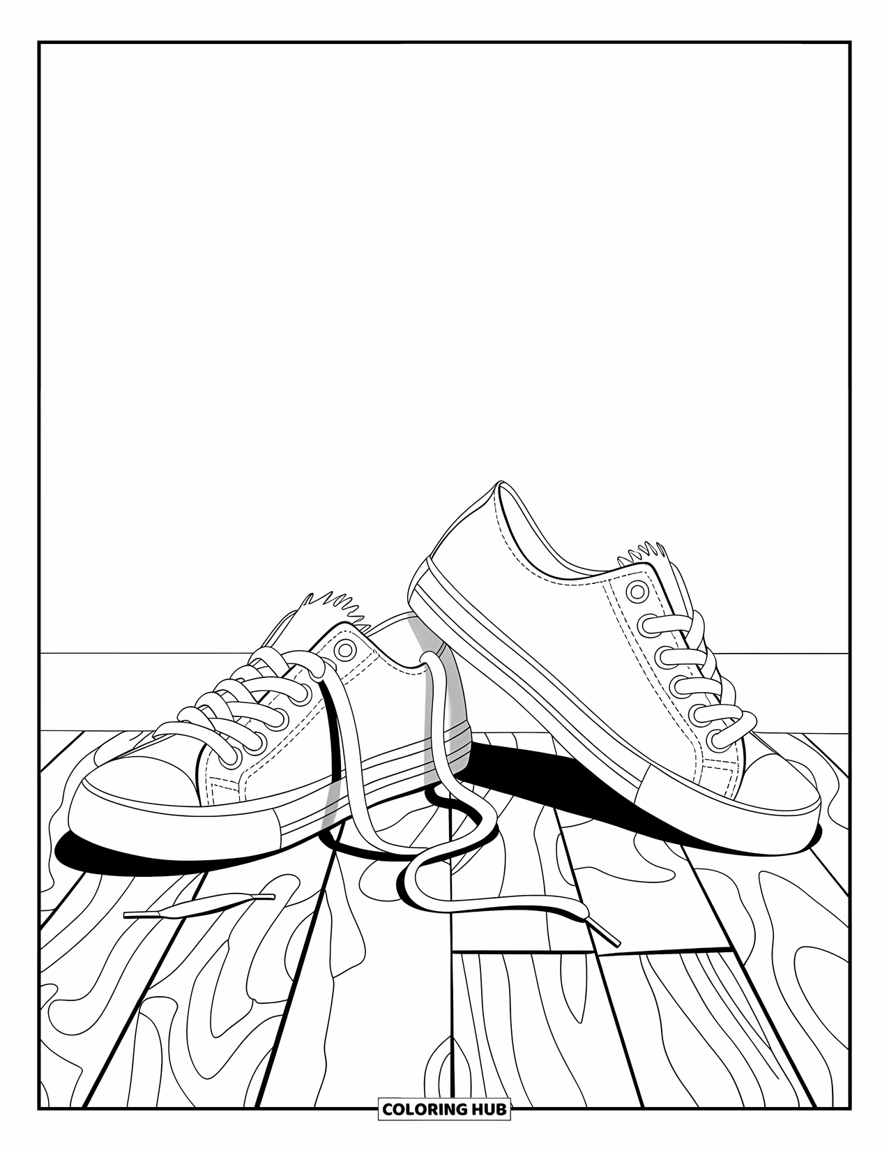 Shoe Coloring Page for Kids: Casual sneakers, placed on a wooden floor, have clean outlines and a simple design