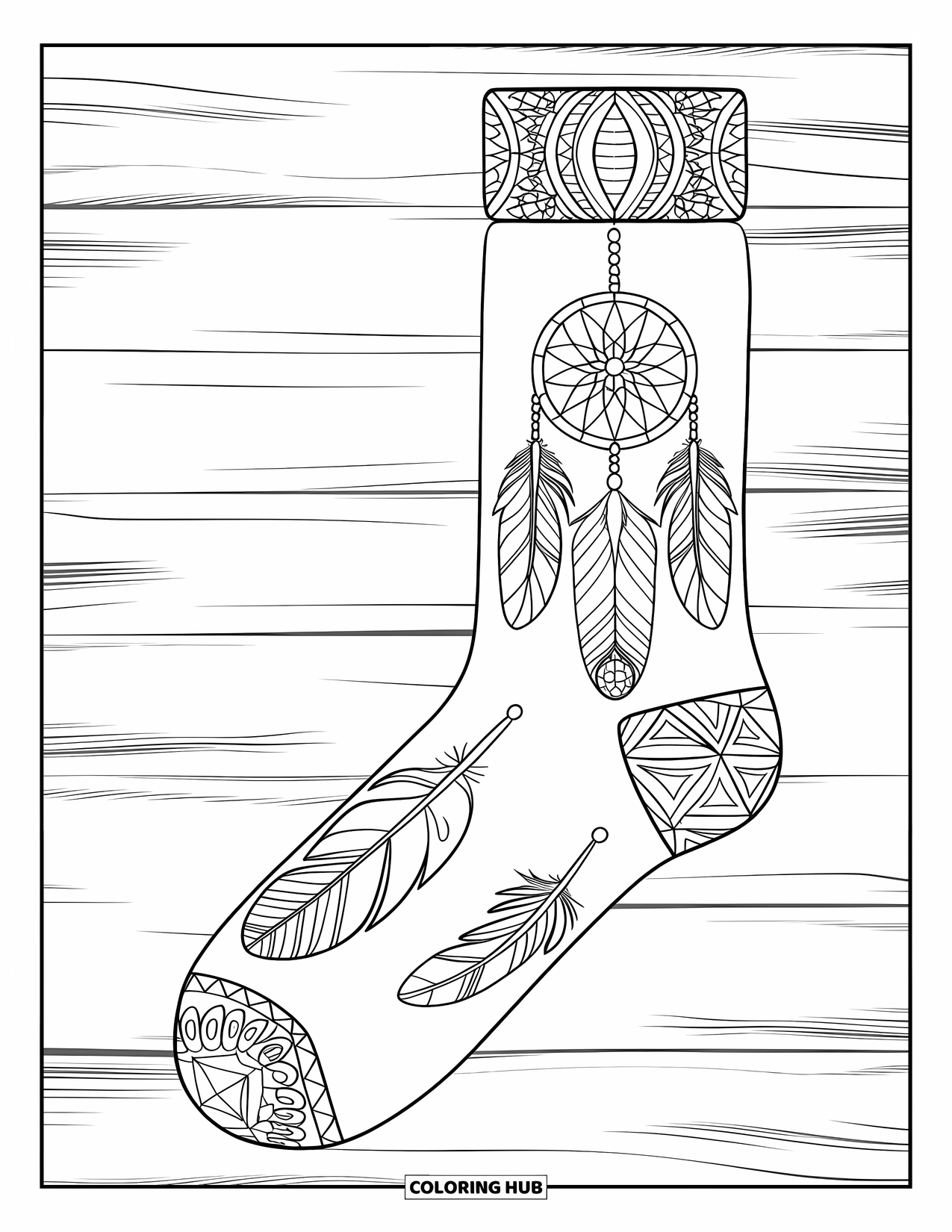 Sock Coloring Page for Adults: A bohemian-patterned sock with feathers and dreamcatchers rests on a textured wooden background