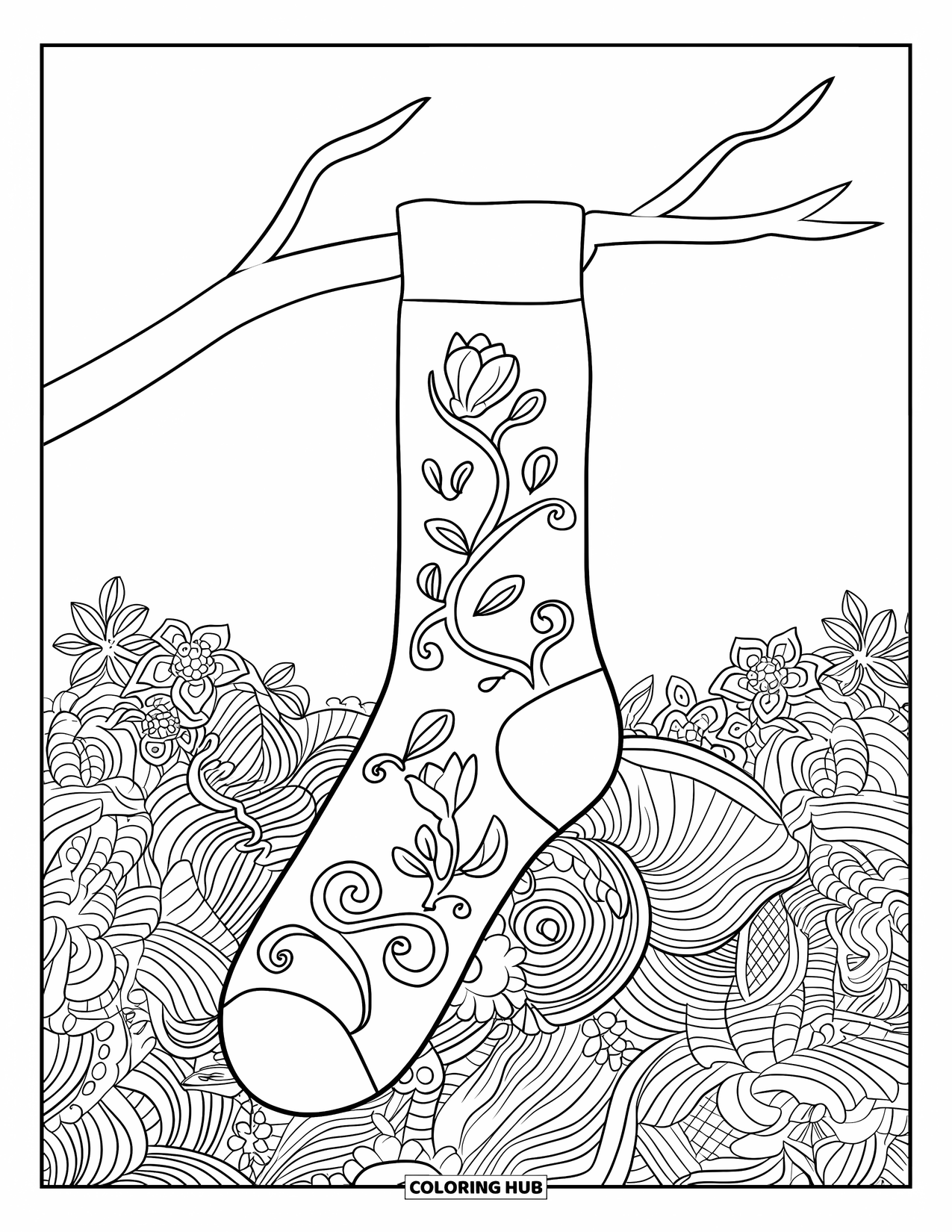 Sock Coloring Page for Adults: A floral-patterned sock hangs from a branch, standing out against a blank background