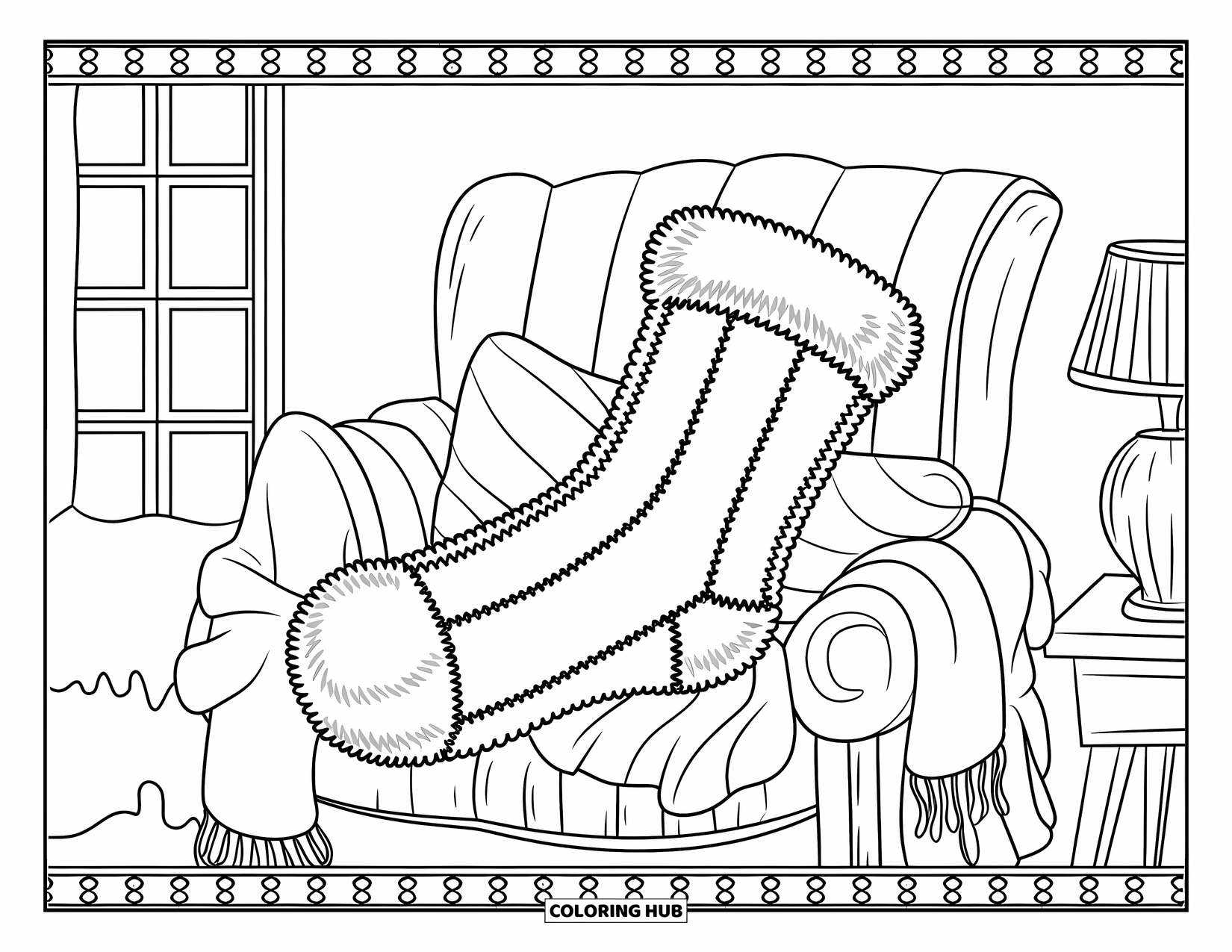 Sock Coloring Page for Adults: A fluffy winter sock rests on a chair with soft blankets and pillows