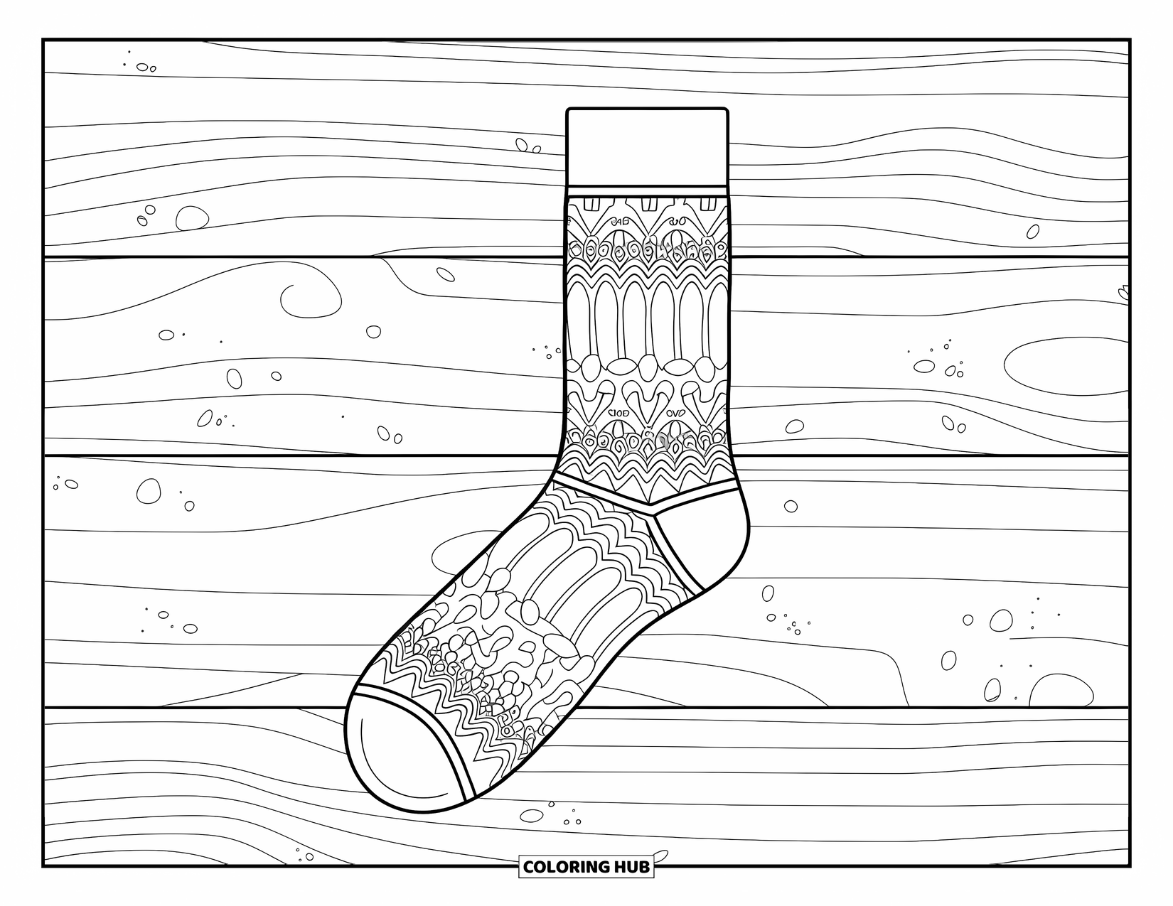 Sock Coloring Page for Adults: A folded lace-patterned sock rests on a wooden background with simple decorative elements