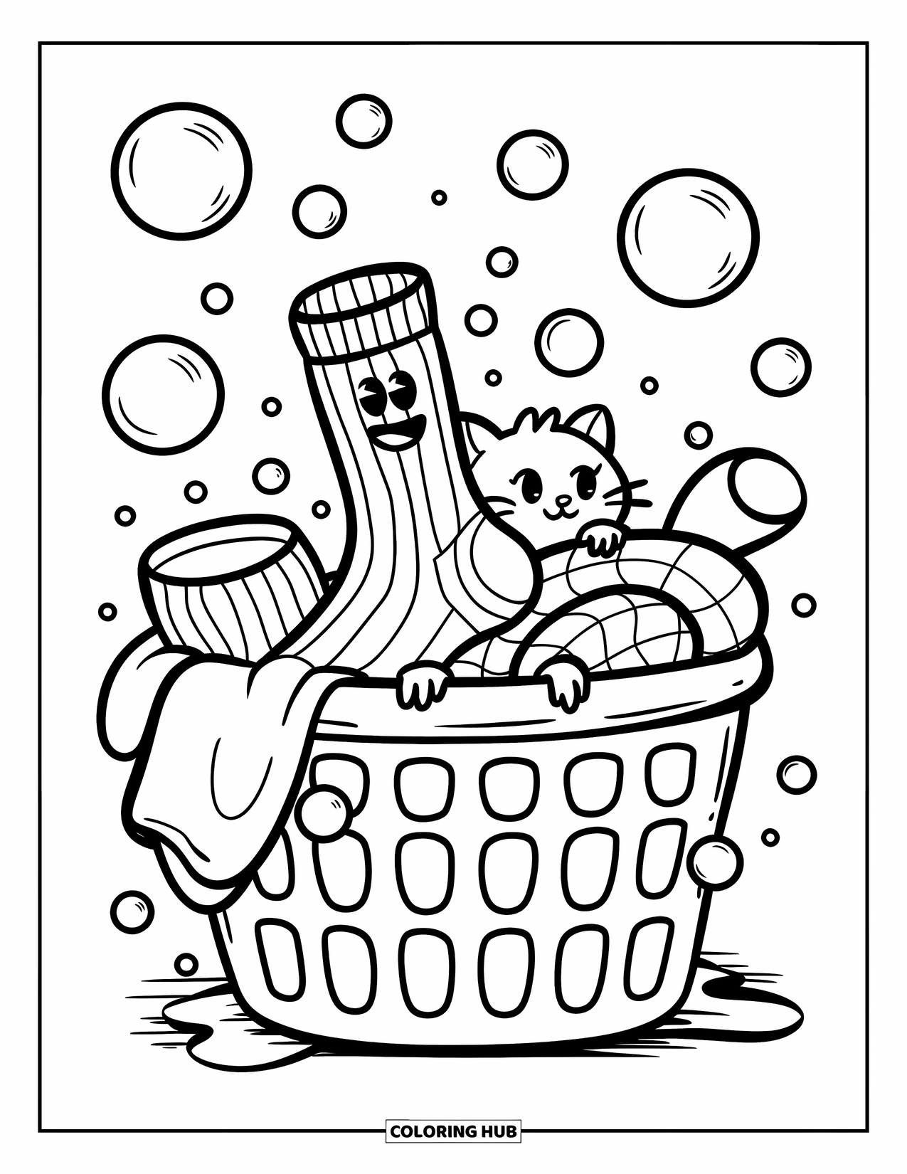 Sock Coloring Page for Adults: A laundry basket of socks and bubbles hides a smiling sock friend and kitten