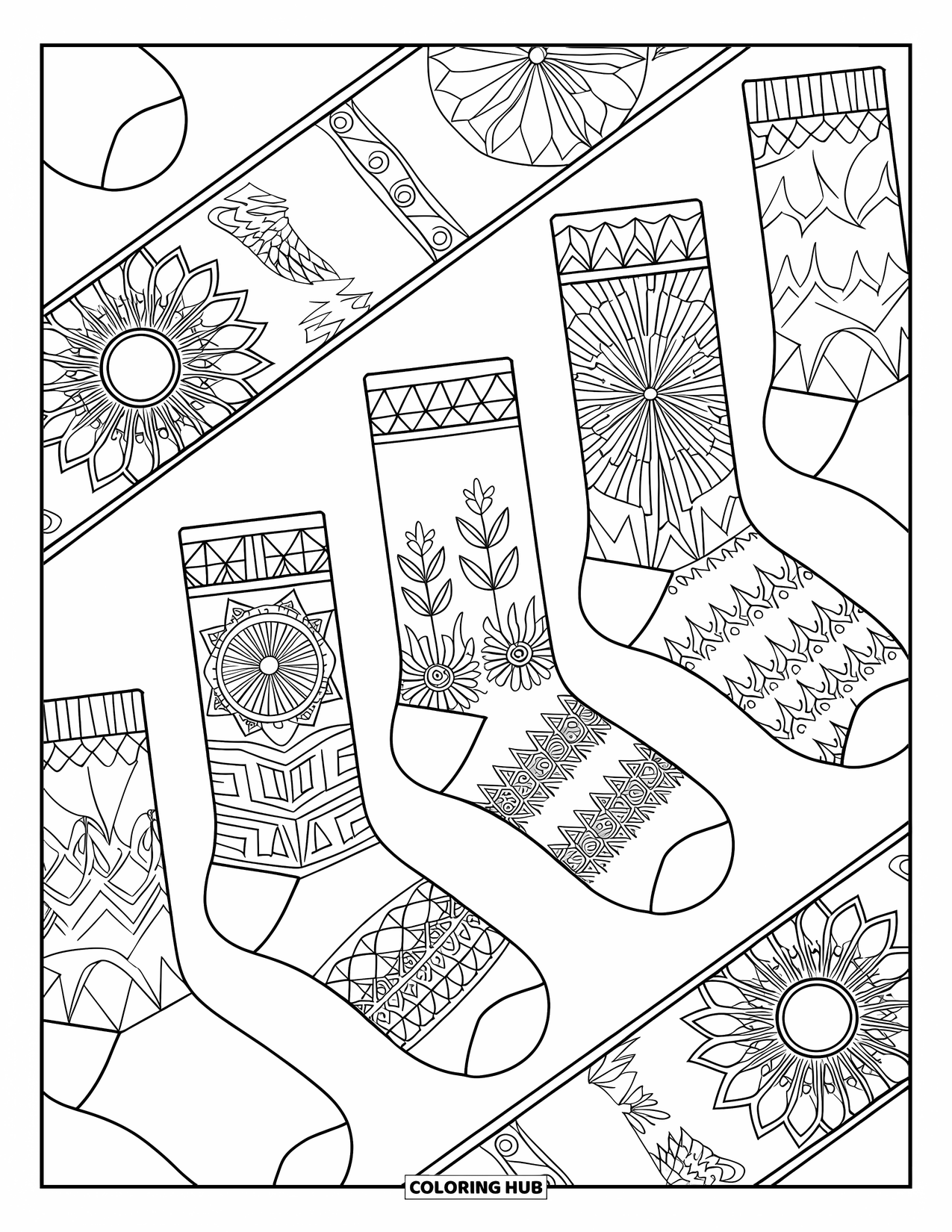 Sock Coloring Page for Adults: A page filled with socks, each showcasing detailed patterns like mandalas and geometric shapes