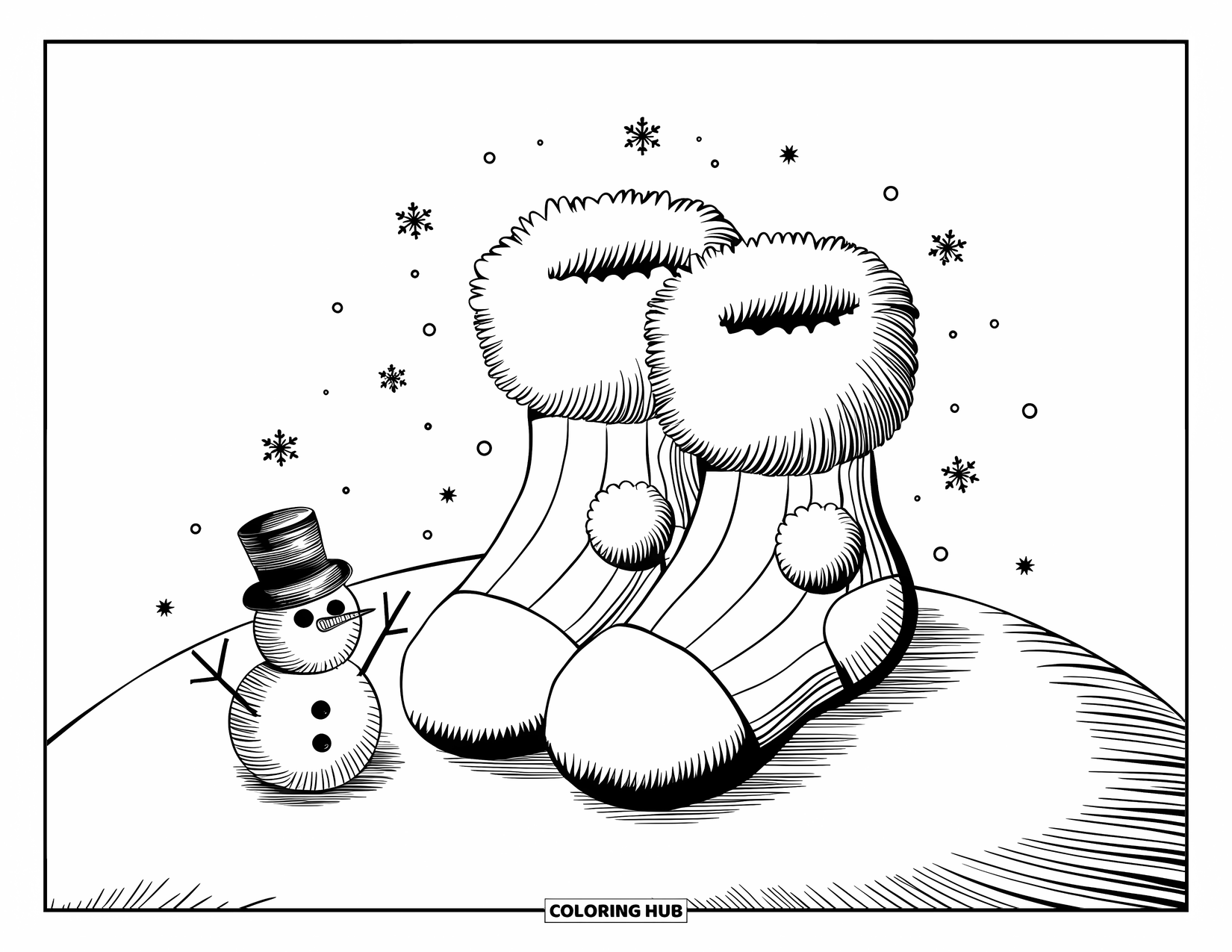 Sock Coloring Page for Adults: A pair of fluffy socks and a fabric snowman sit on a snowy hill