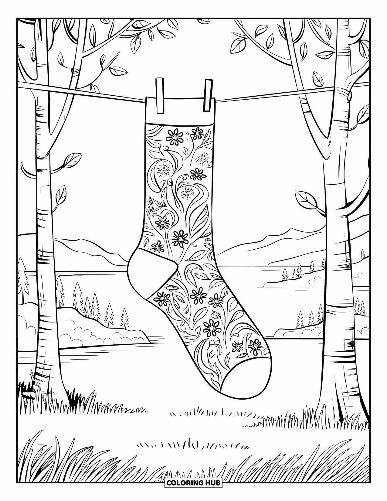 Sock Coloring Page for Adults: A sock with a floral vine pattern hangs between trees with a peaceful landscape behind