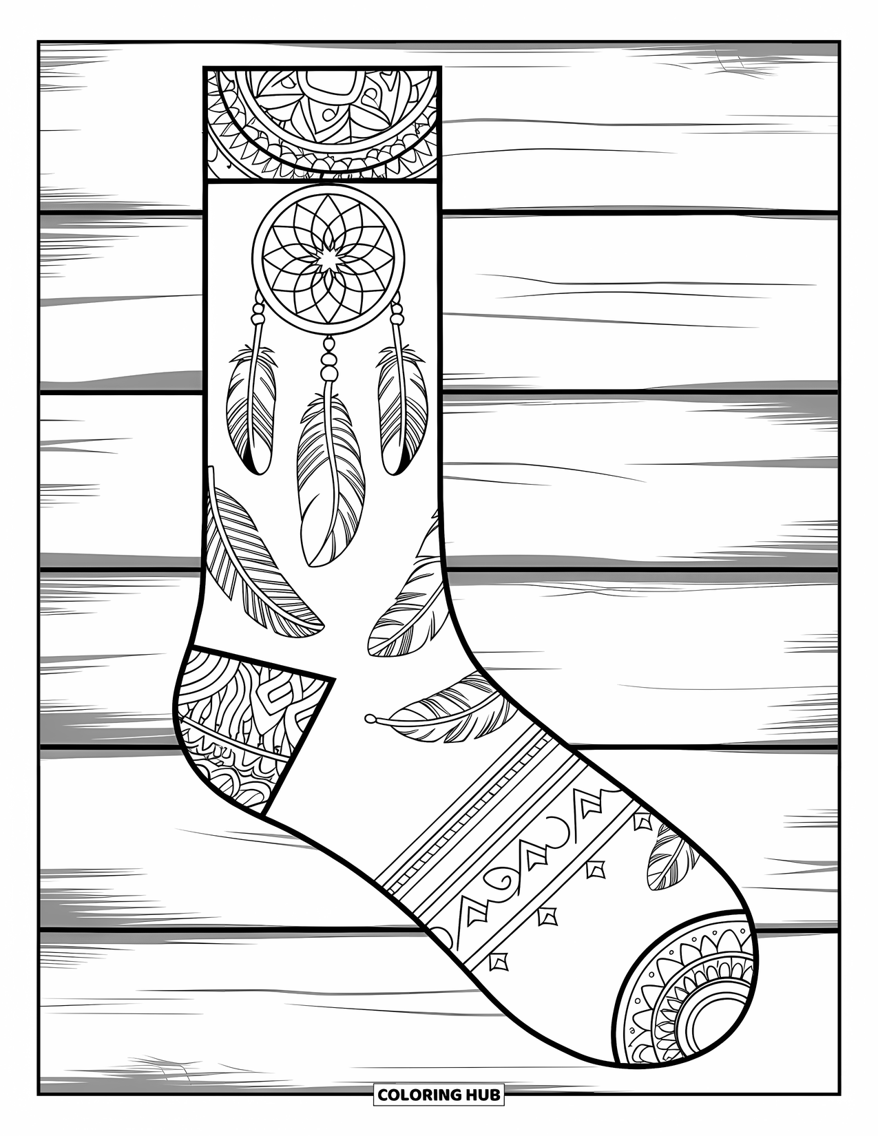 Sock Coloring Page for Adults: A sock with bohemian patterns, including feathers and dreamcatchers, lies on a wooden surface