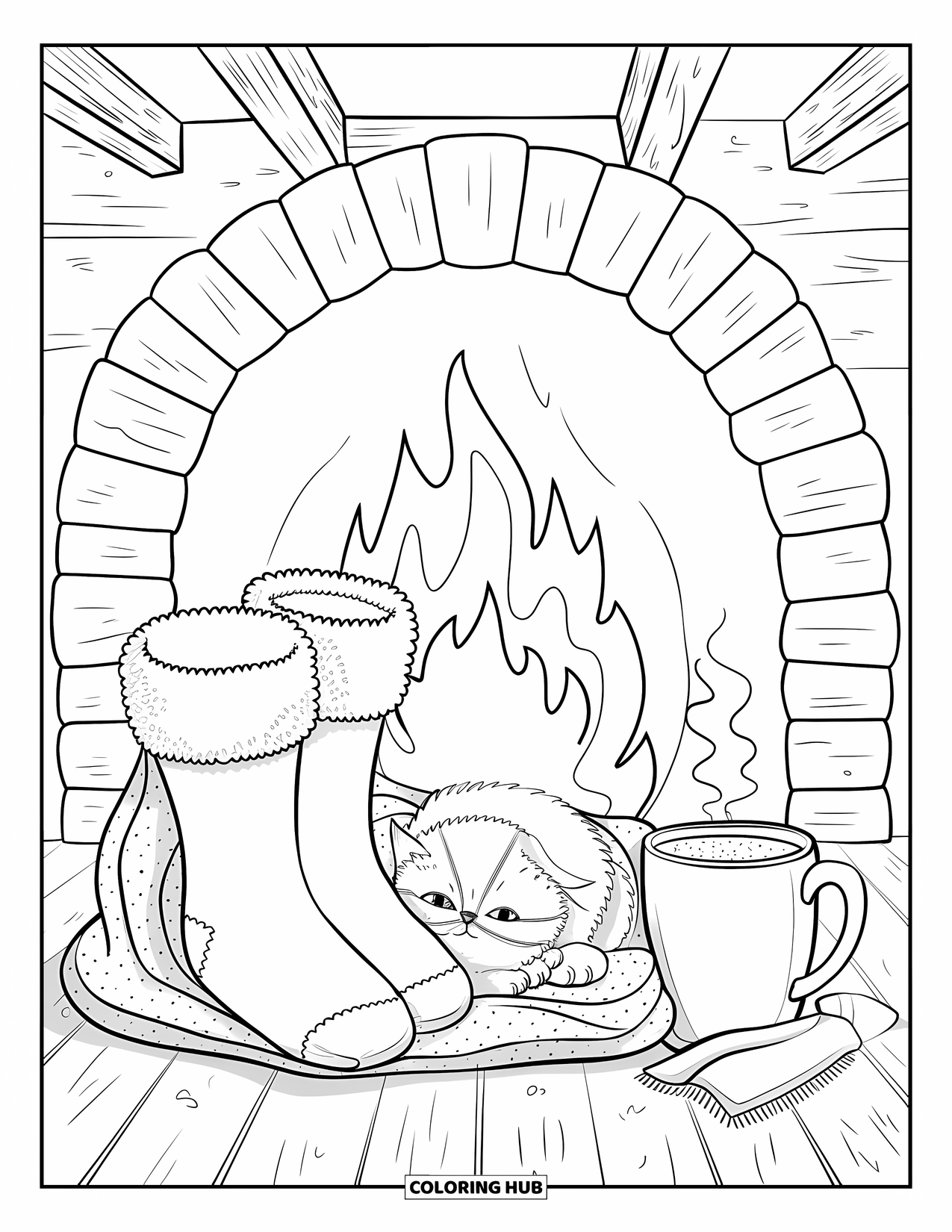 Sock Coloring Page for Adults: Fluffy socks and a kitten share warmth by a fireplace with cocoa