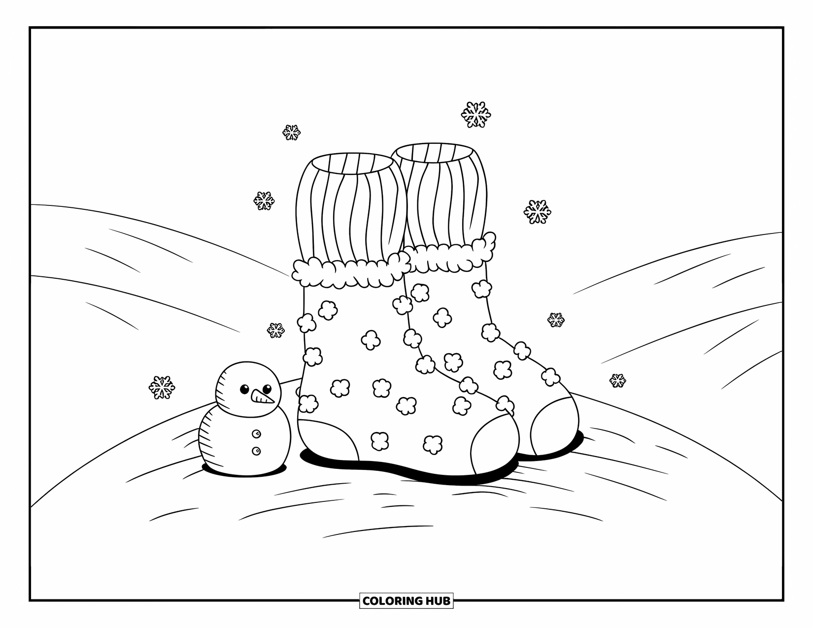 Sock Coloring Page for Adults: Fluffy socks with pom-poms and a tiny snowman grace a snowy hill