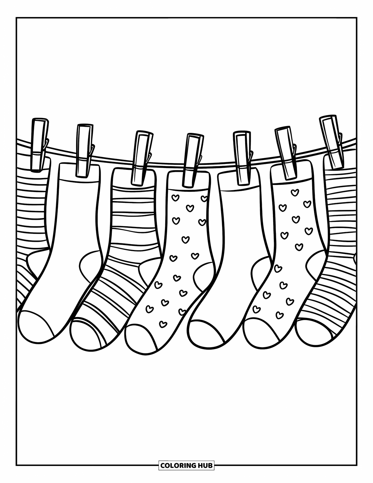 Sock Coloring Page for Adults: Patterned socks hang neatly on a clothesline with clothespins against a minimal background