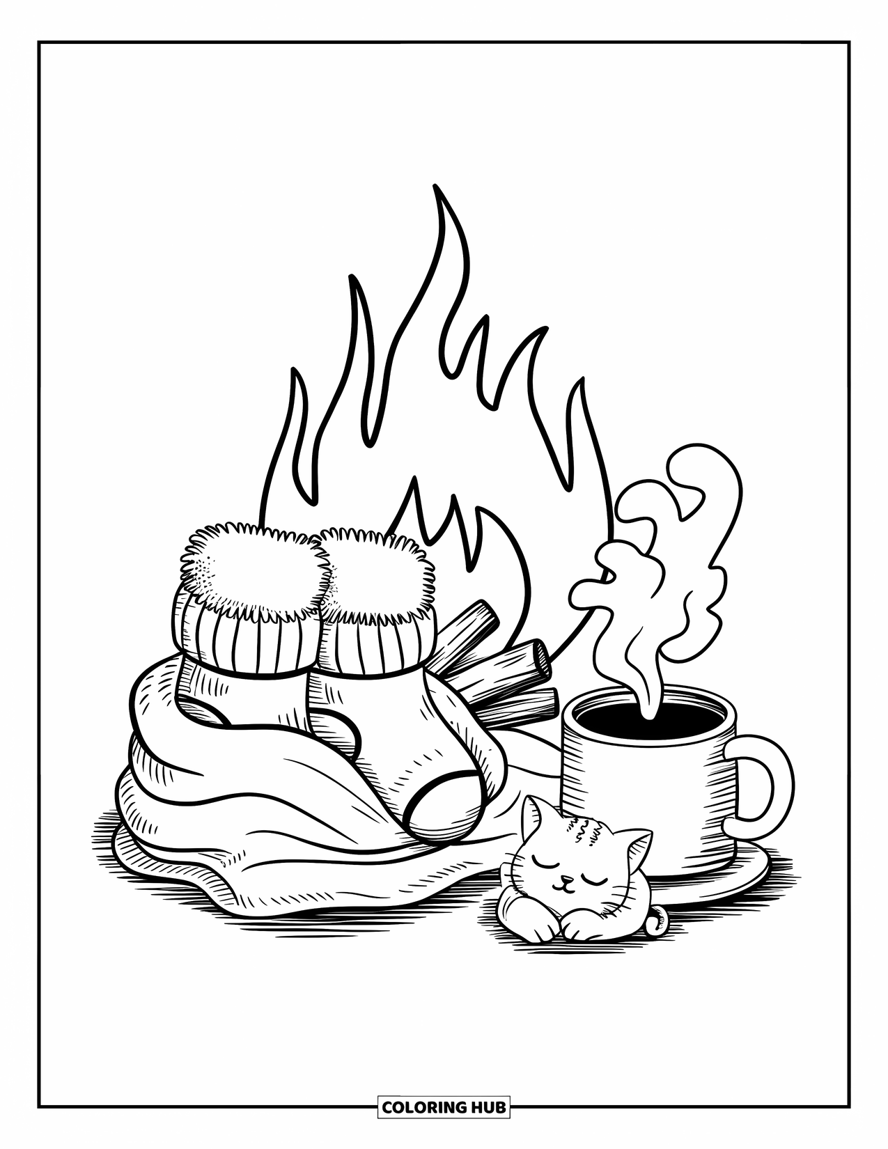 Sock Coloring Page for Adults: Two cozy socks in a blanket rest by a fireplace with cocoa and kitten