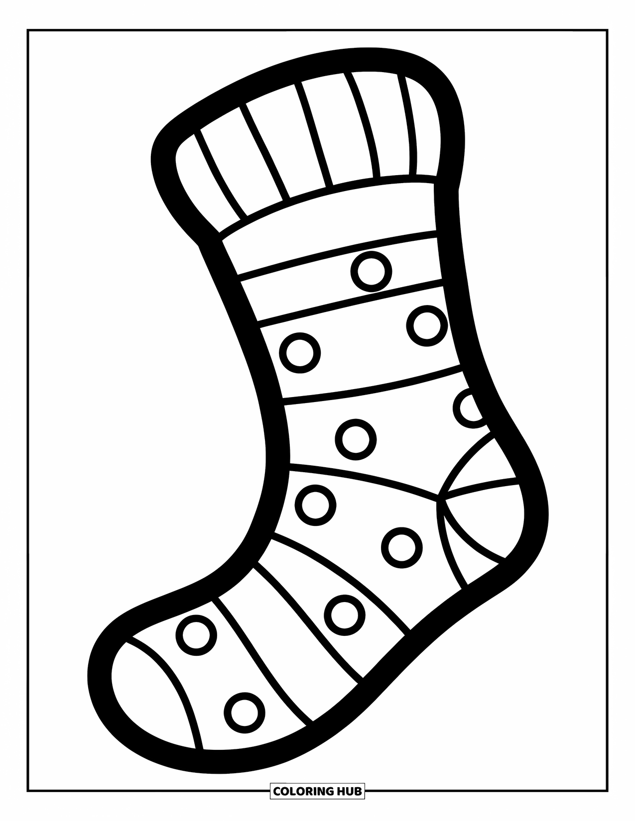 Sock Coloring Page for Kids: A big sock with stripes and polka dots, drawn with bold, clear outlines