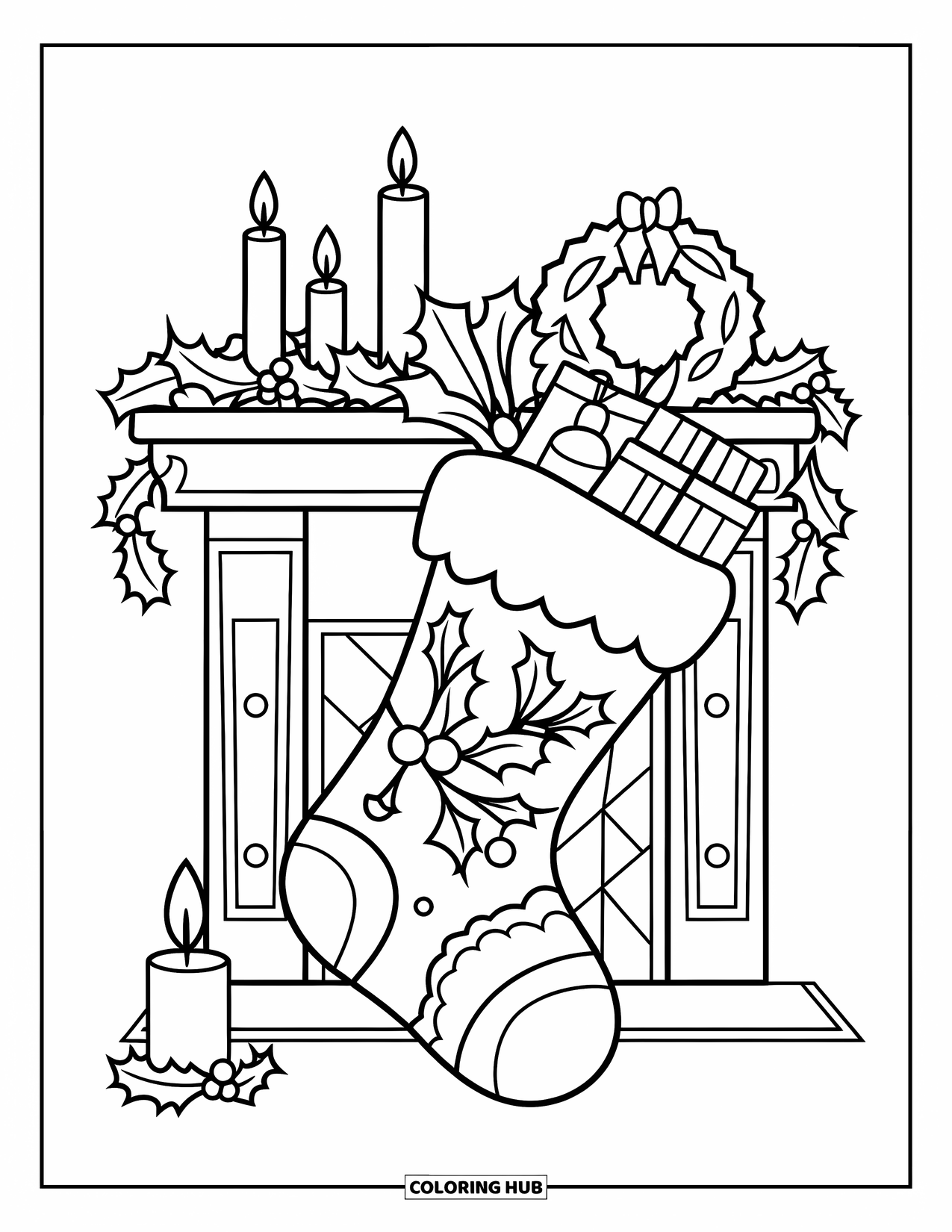 Sock Coloring Page for Kids: A cheerful Christmas stocking with stars, ornaments, and berries hangs near a fireplace