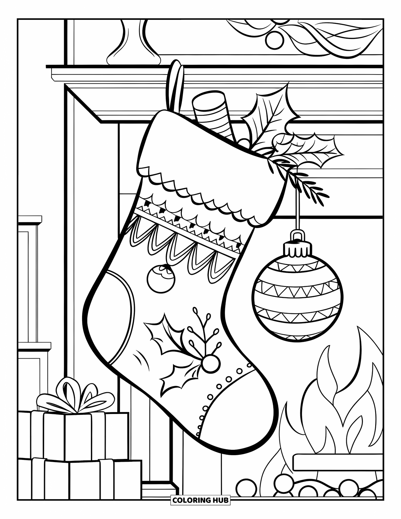 Sock Coloring Page for Kids: A Christmas stocking filled with gifts, holly, and festive ornaments hangs over a warm hearth
