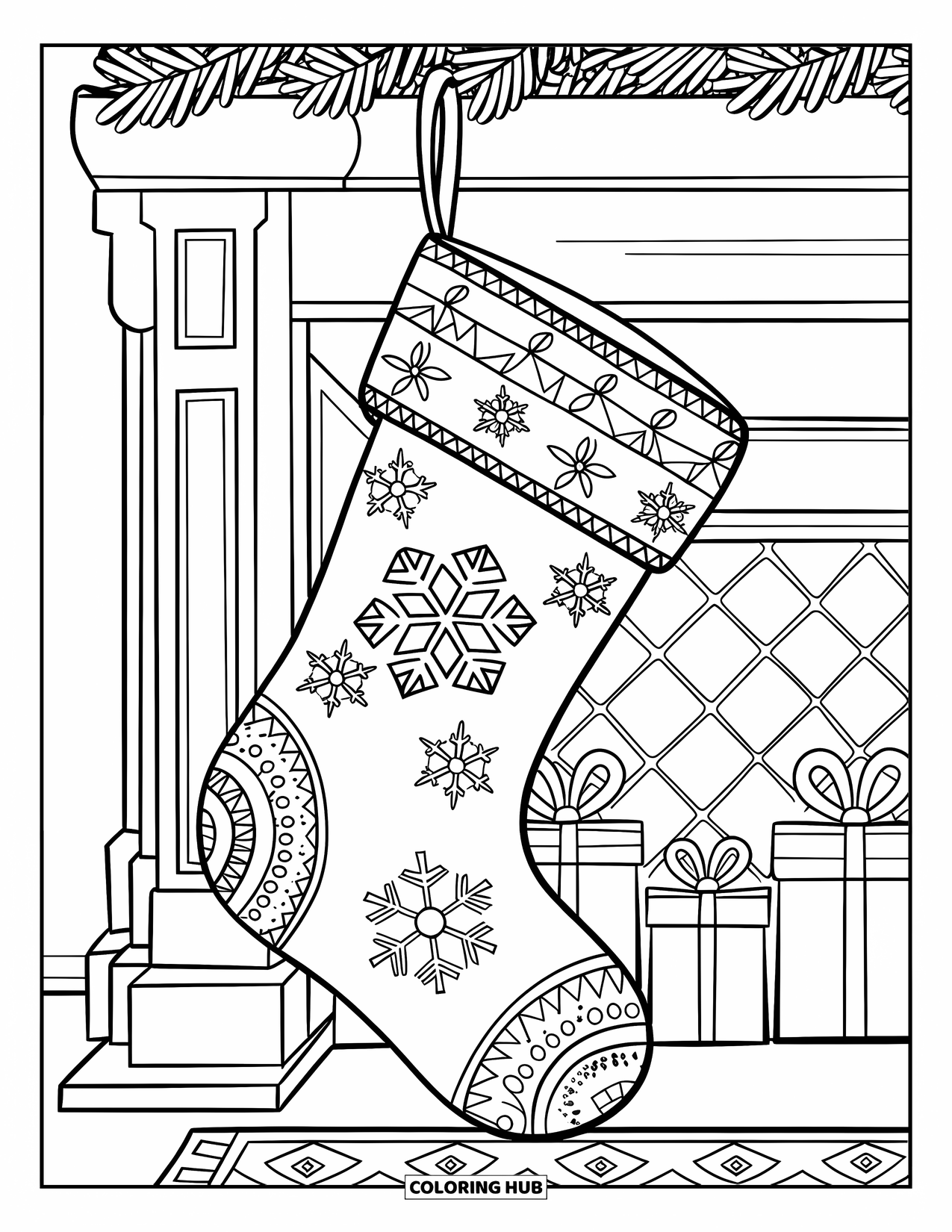 Sock Coloring Page for Kids: A Christmas stocking with snowflake patterns hanging from a fireplace, surrounded by presents