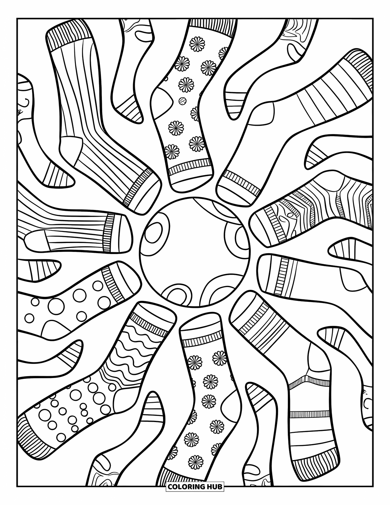 Sock Coloring Page for Kids: A circular arrangement of socks, each with unique patterns like hearts, stripes, and stars