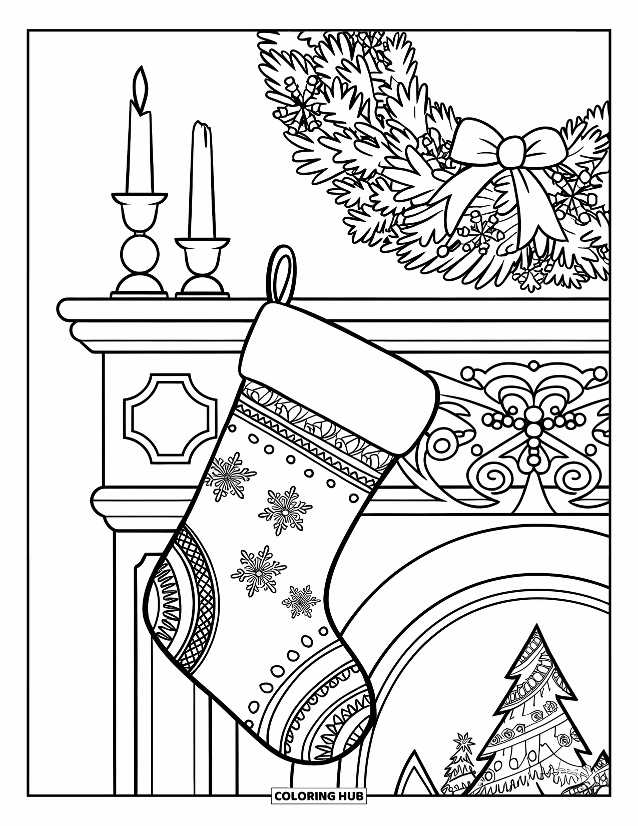 Sock Coloring Page for Kids: A festive stocking with intricate snowflakes, hanging on a fireplace decorated for the holidays