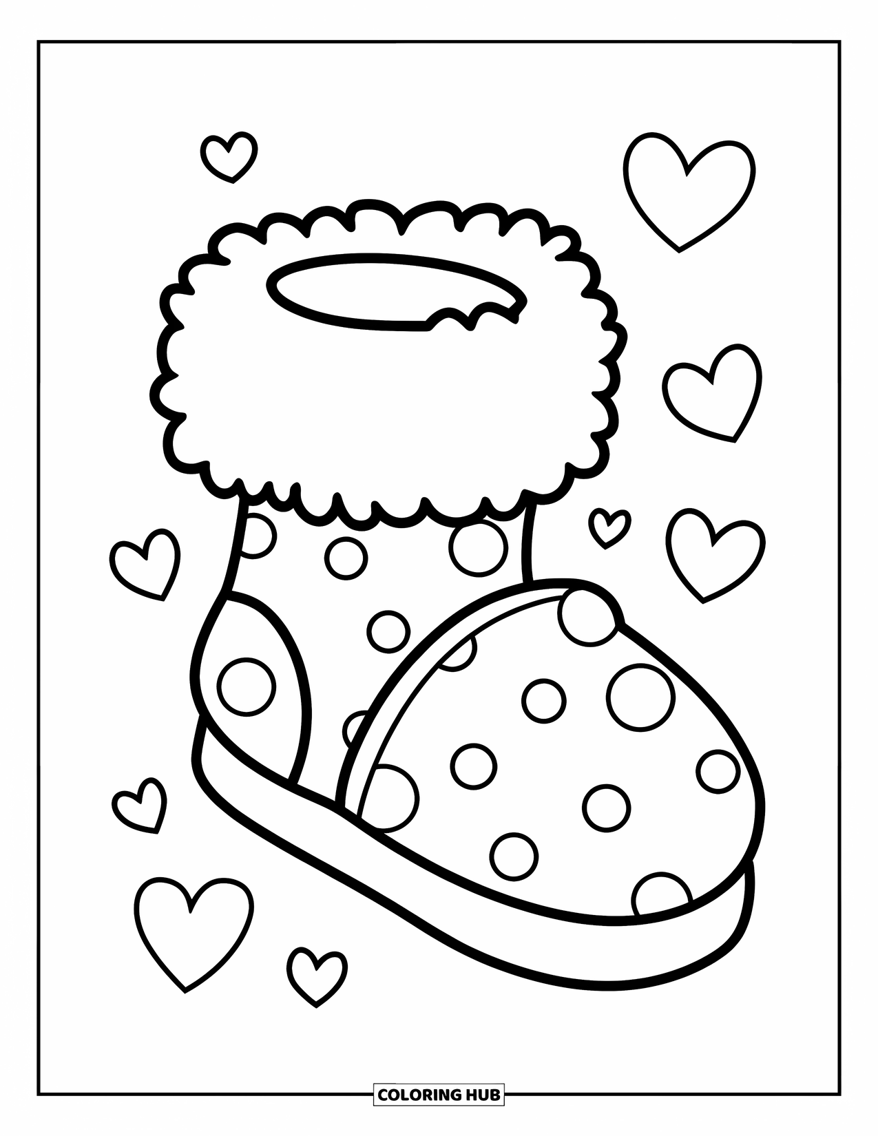 Sock Coloring Page for Kids: A fluffy slipper sock featuring big polka dots and little hearts around its edges