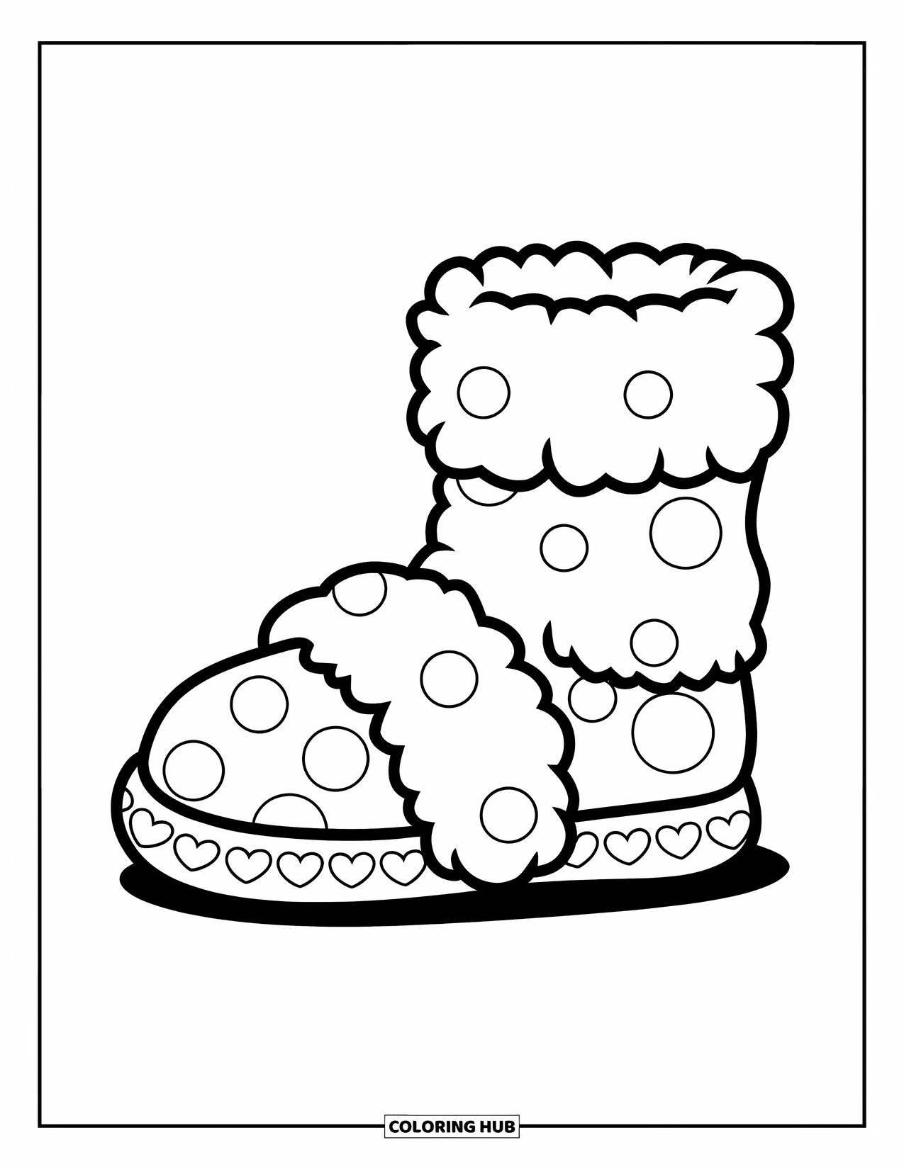 Sock Coloring Page for Kids: A fluffy slipper sock with big polka dots and little hearts along the edges