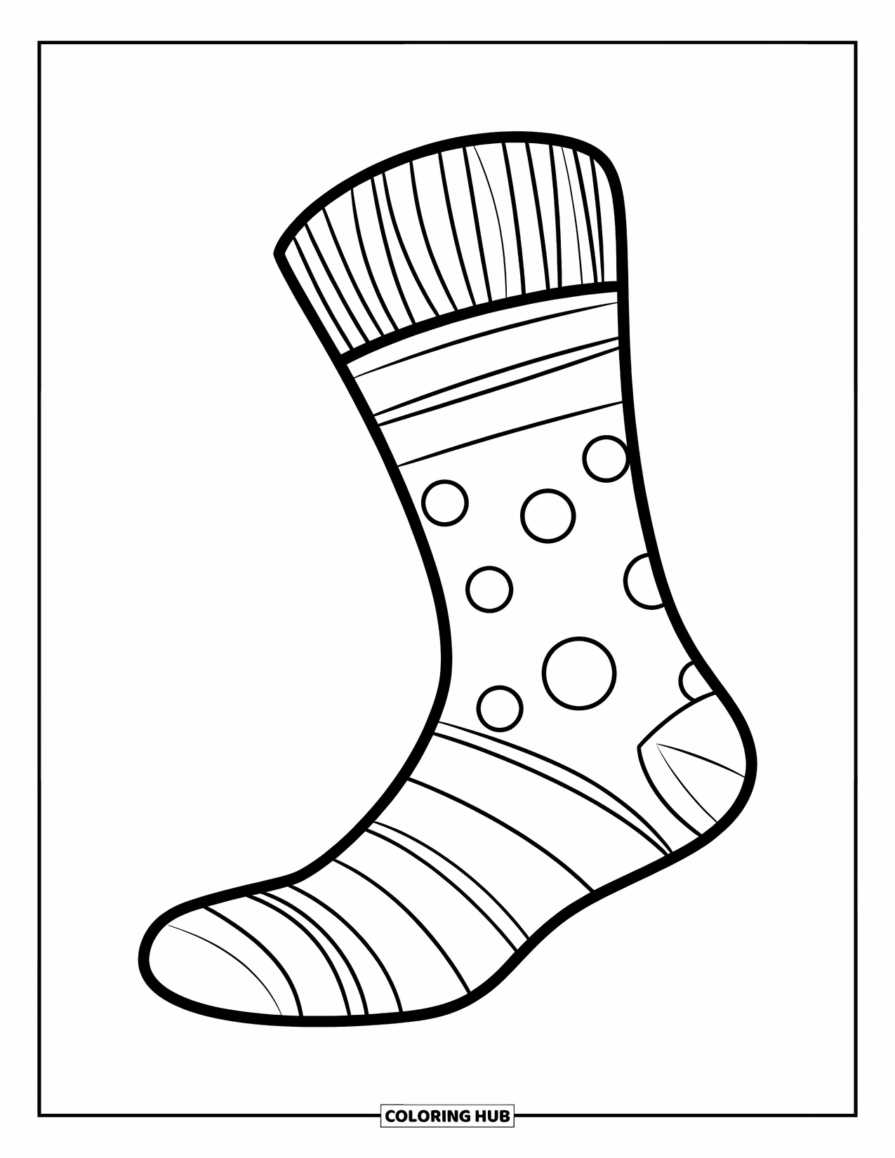 Sock Coloring Page for Kids: A fun, patterned sock with bold stripes and polka dots, standing upright