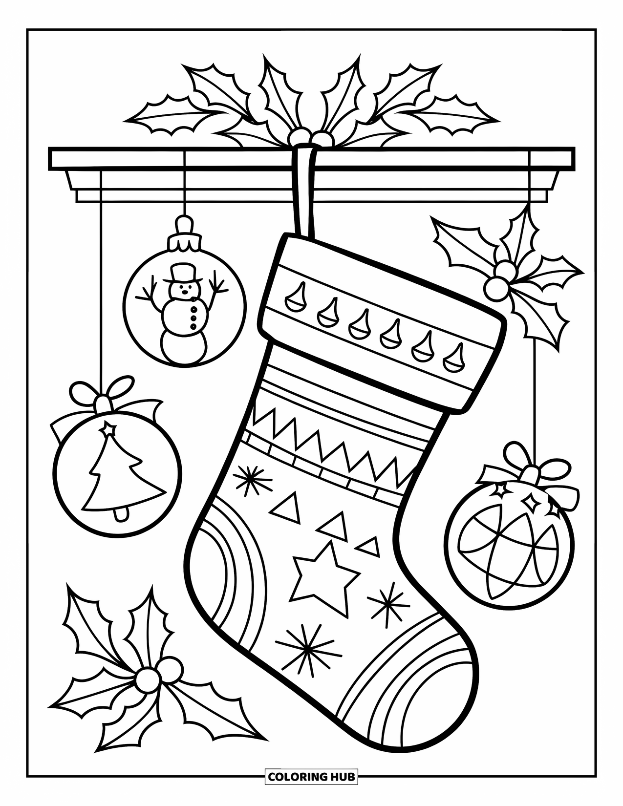 Sock Coloring Page for Kids: A holiday stocking decorated with holly and ornaments hangs by a cozy fireplace