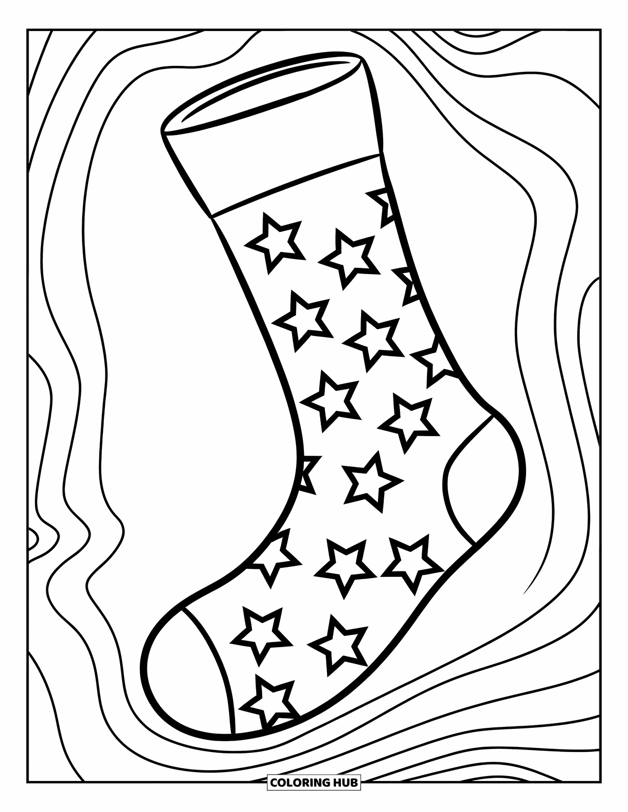 Sock Coloring Page for Kids: A large sock with a star pattern, floating alone with clean, crisp lines
