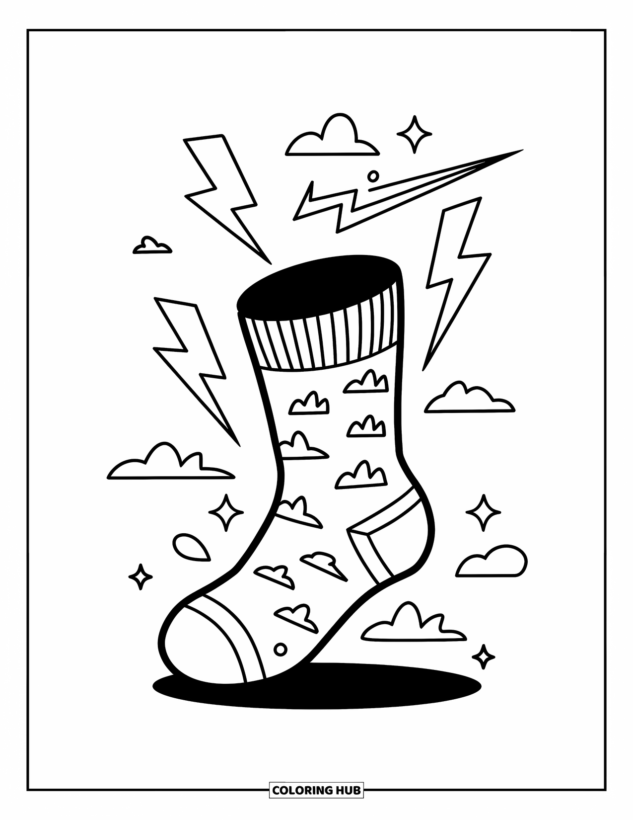 Sock Coloring Page for Kids: A magical sock decorated with lightning bolts, tiny clouds, and a shooting star