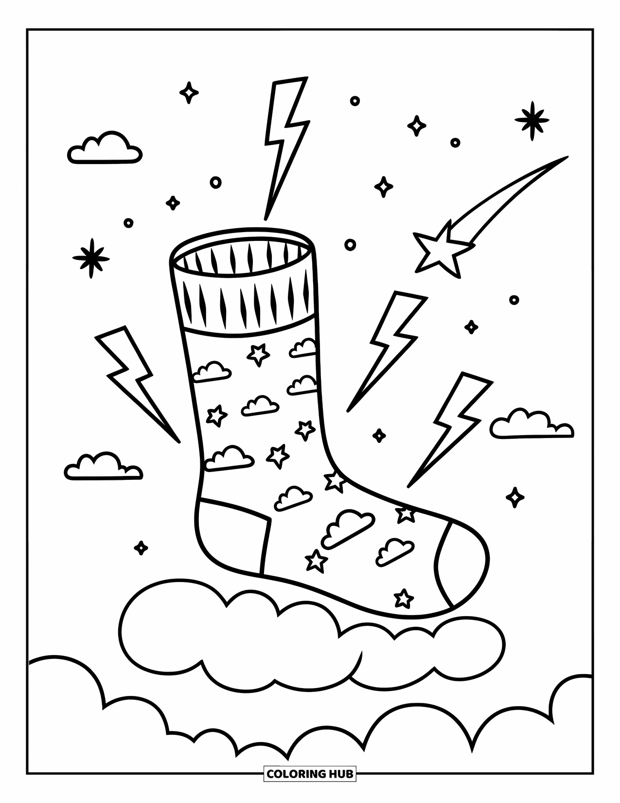 Sock Coloring Page for Kids: A magical sock resting on a cloud, surrounded by stars in the sky
