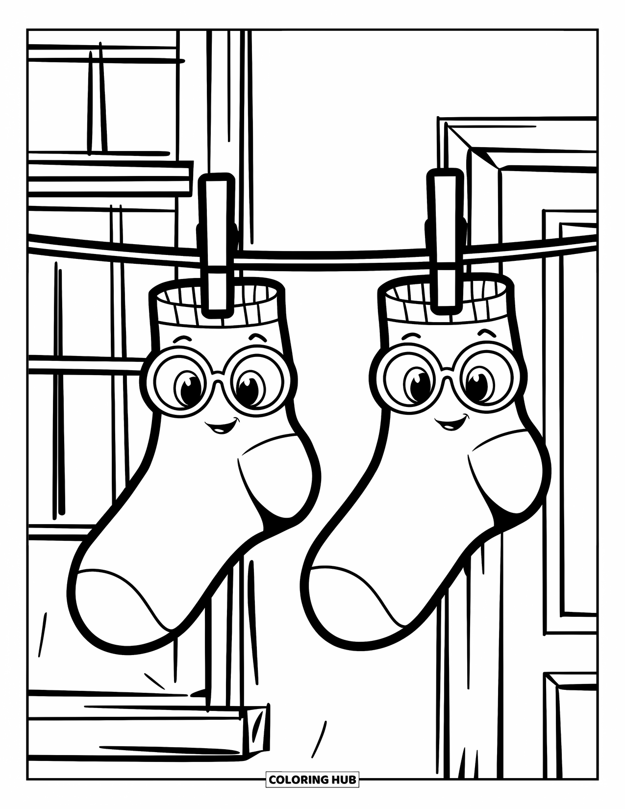 Sock Coloring Page for Kids: A pair of ankle socks with cute faces and glasses, hanging near a window