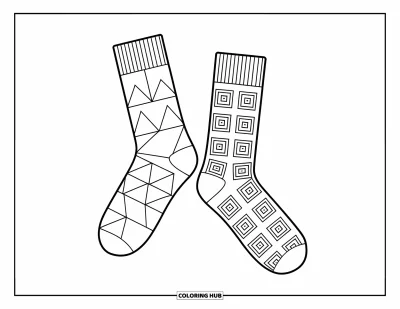 Desen de colorat cu șosete pentru copii: O pereche de șosete desperecheate plutind în aer, fiecare cu un design geometric jucăuș