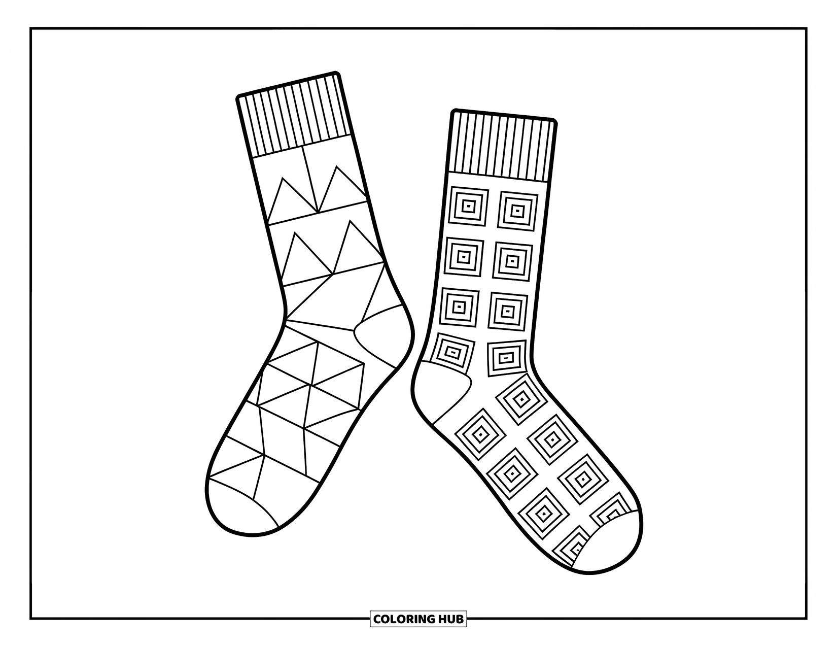 Sock Coloring Page for Kids: A pair of mismatched socks floating in the air, each with a playful geometric design