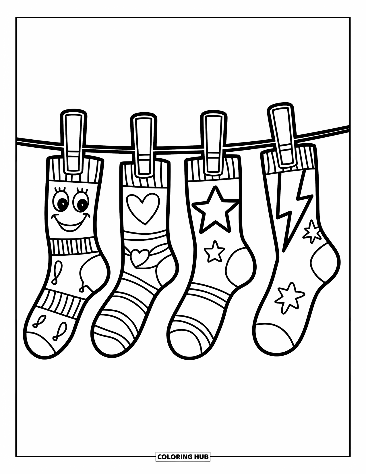 Sock Coloring Page for Kids: A row of hanging socks, each with its own fun design, dangling from a clothesline